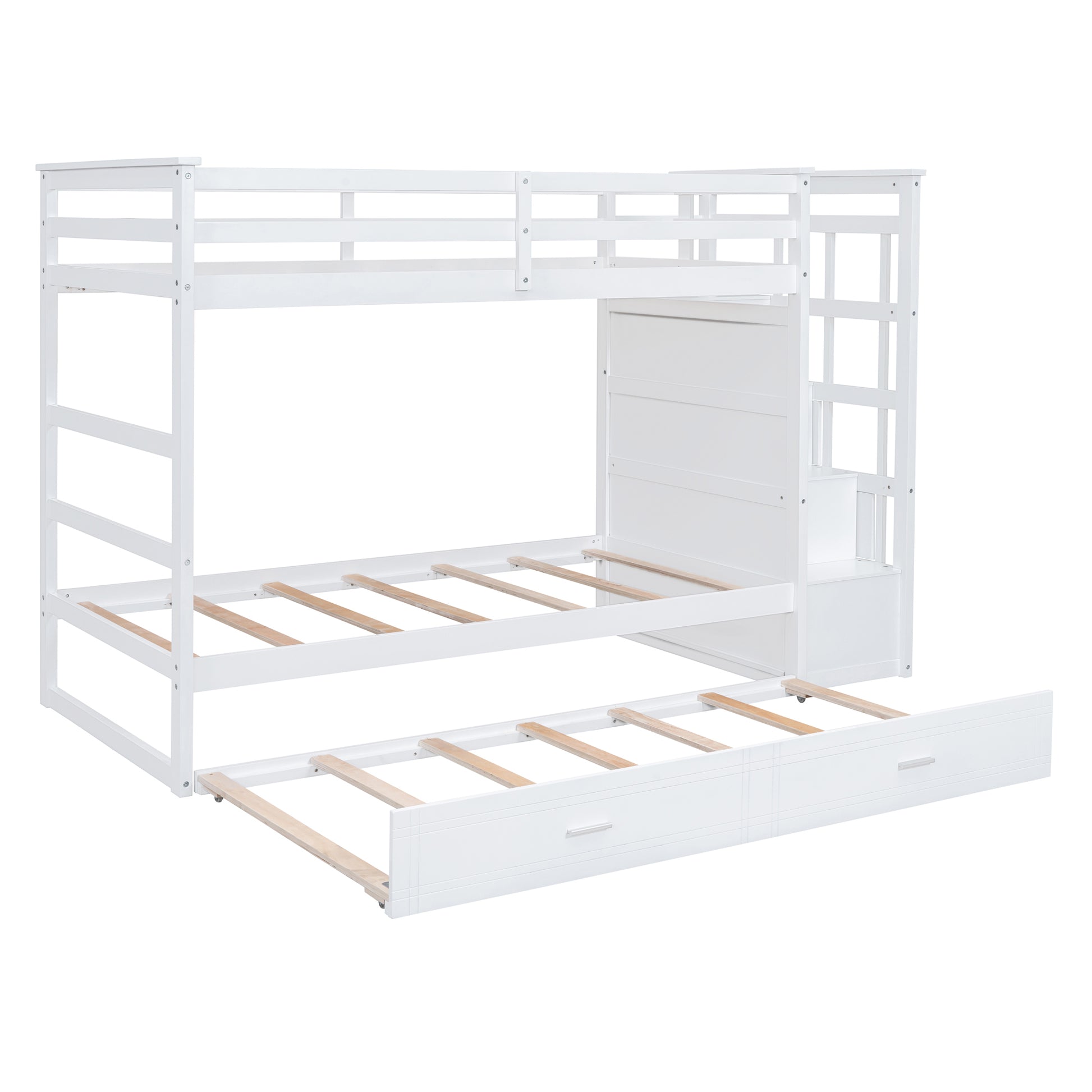 Twin Over Twin Bunk Bed With Trundle And Staircase,White Old Sku:Lt000068Aak White Solid Wood