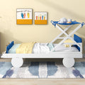 Wood Twin Size Car Bed With Ceiling Cloth, Headboard And Footboard, White Blue Box Spring Not Required Twin White Blue Bedroom Bed Frame Solid Wood Mdf