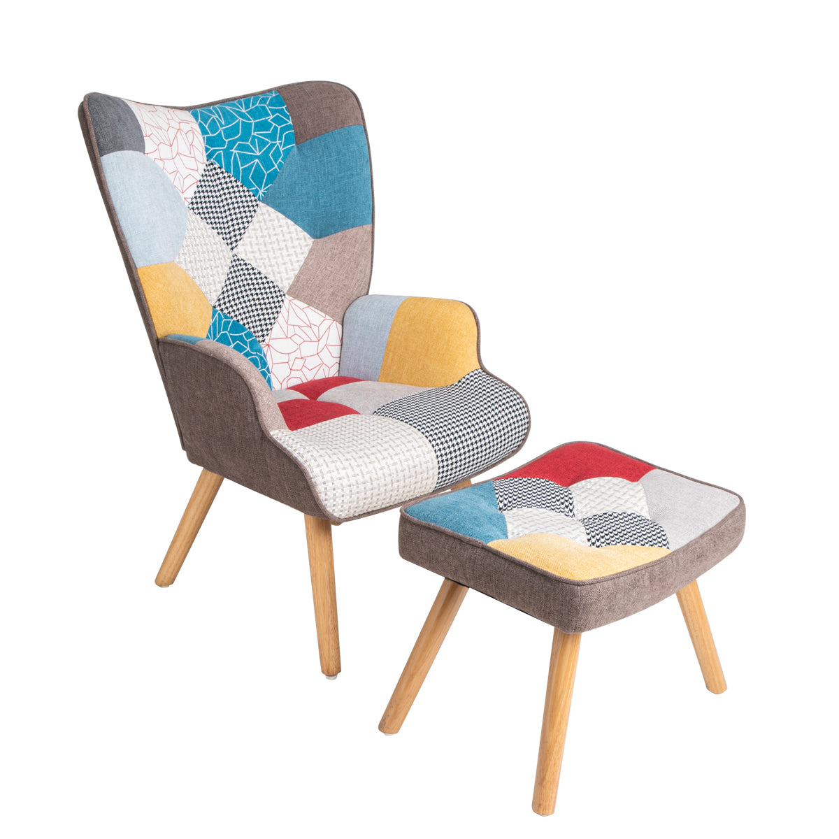 Accent Chair With Ottoman, Living Room Chair And Ottoman Set, Comfy Side Armchair For Bedroom, Creative Splicing Cloth Surface Colorful Solid Wood