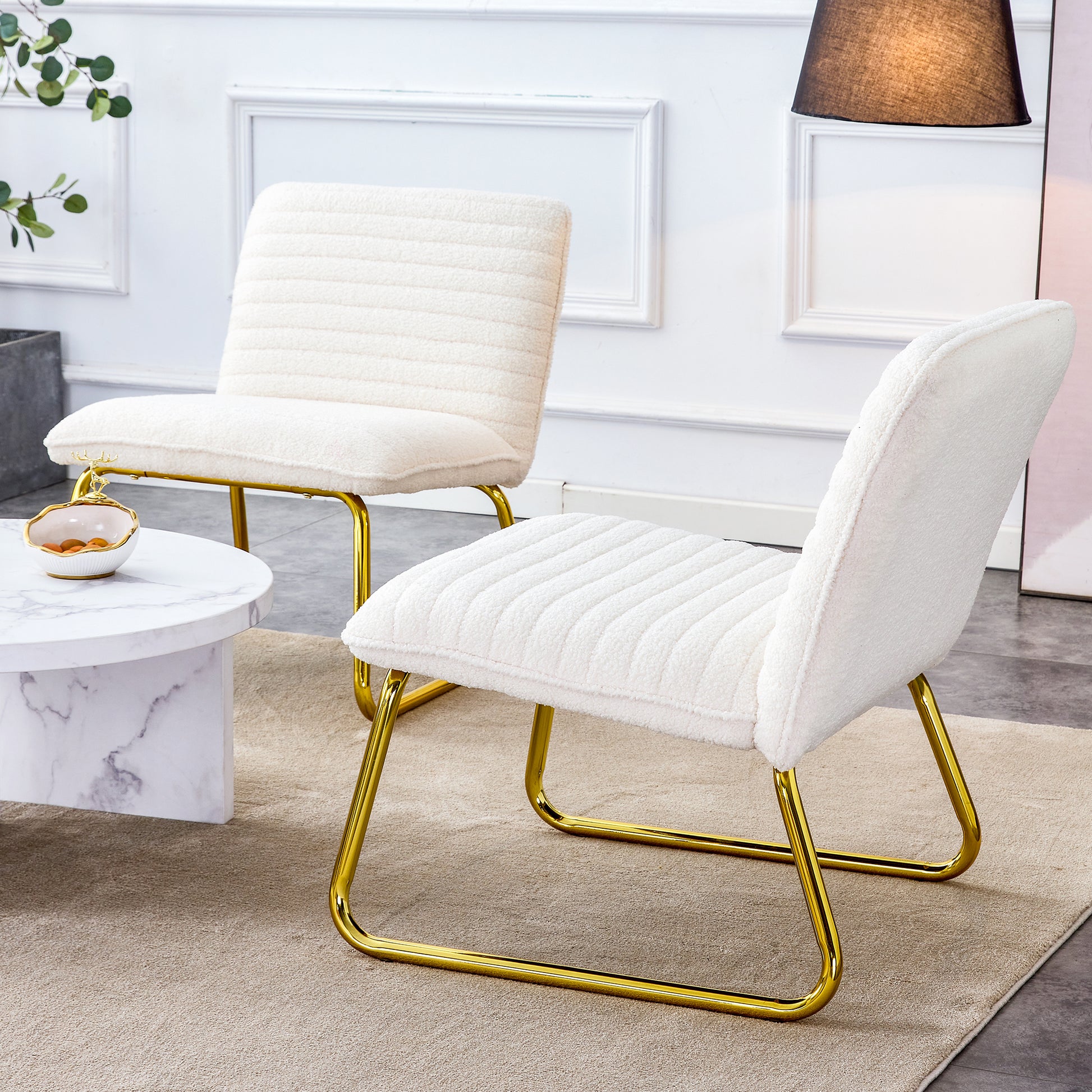 One White Minimalist Armless Sofa Chair With Plush Cushion And Backrest Paired With Golden Metal Legs, Suitable For Offices, Restaurants, Kitchens, Bedrooms White Metal