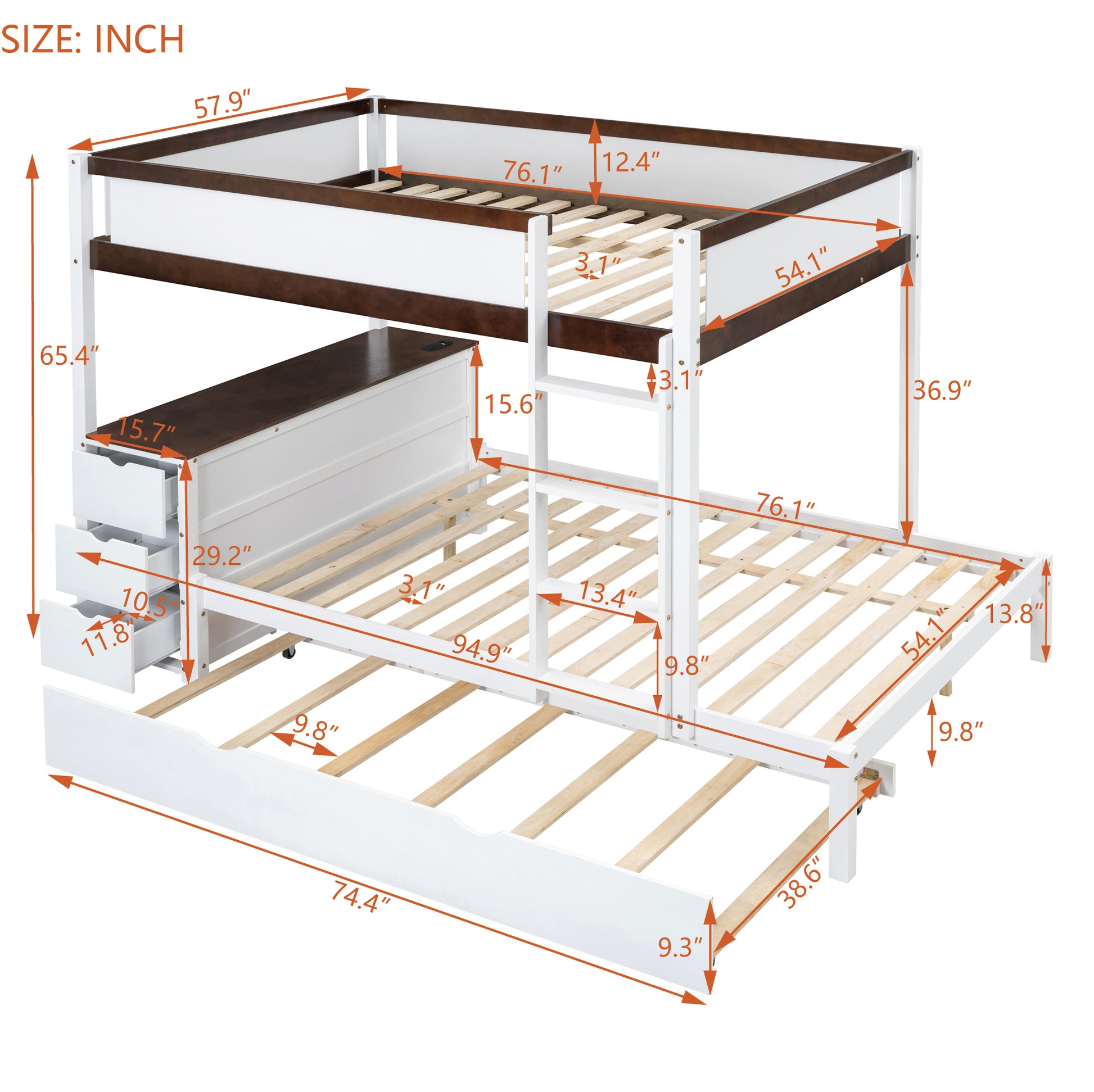 Full Over Full Bunk Bed With Twin Size Trundle, Storage And Desk, White Walnut White Walnut Solid Wood