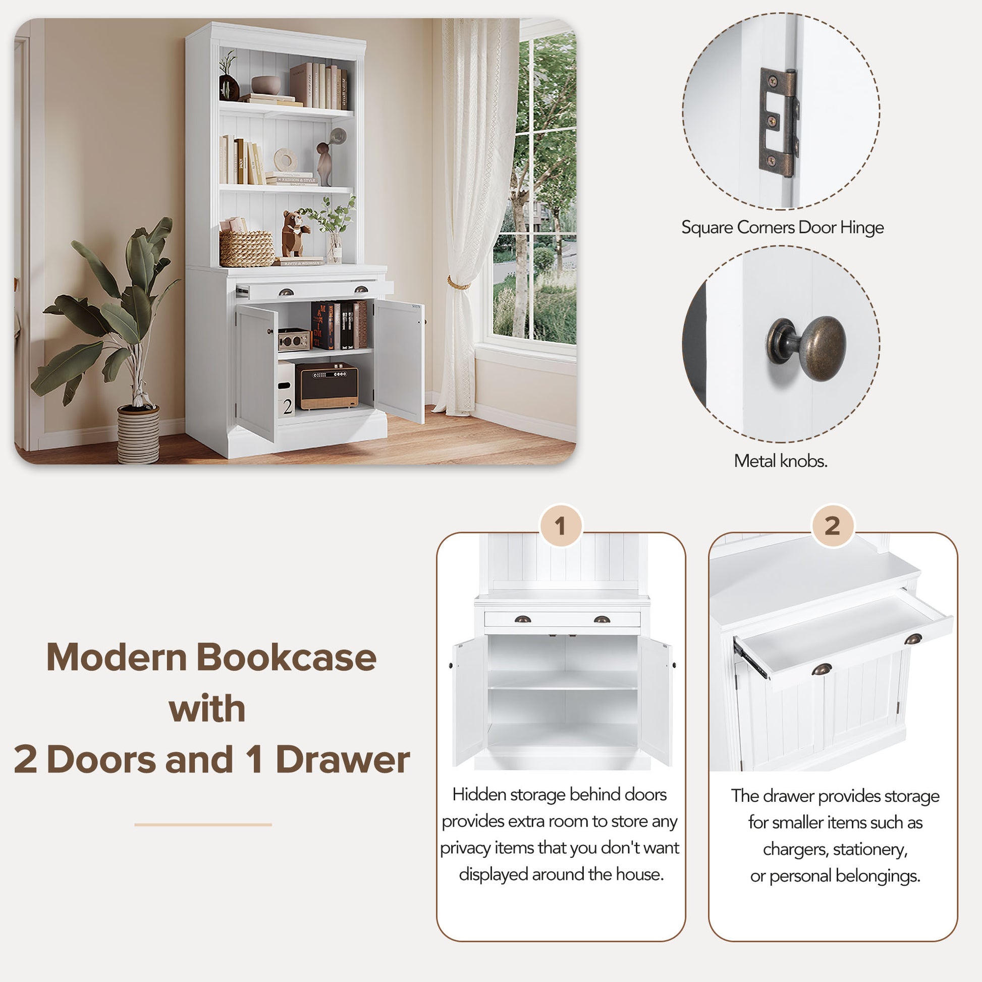 83.4"Tall Bookshelf With Two Corner Shelf Suite,Bookcase With 2 Doors And 1 Drawer,5 Tier Corner Shelf With Open Shelves,Free Standing Shelves Suite With Led Lighting For Living Room,Office,White