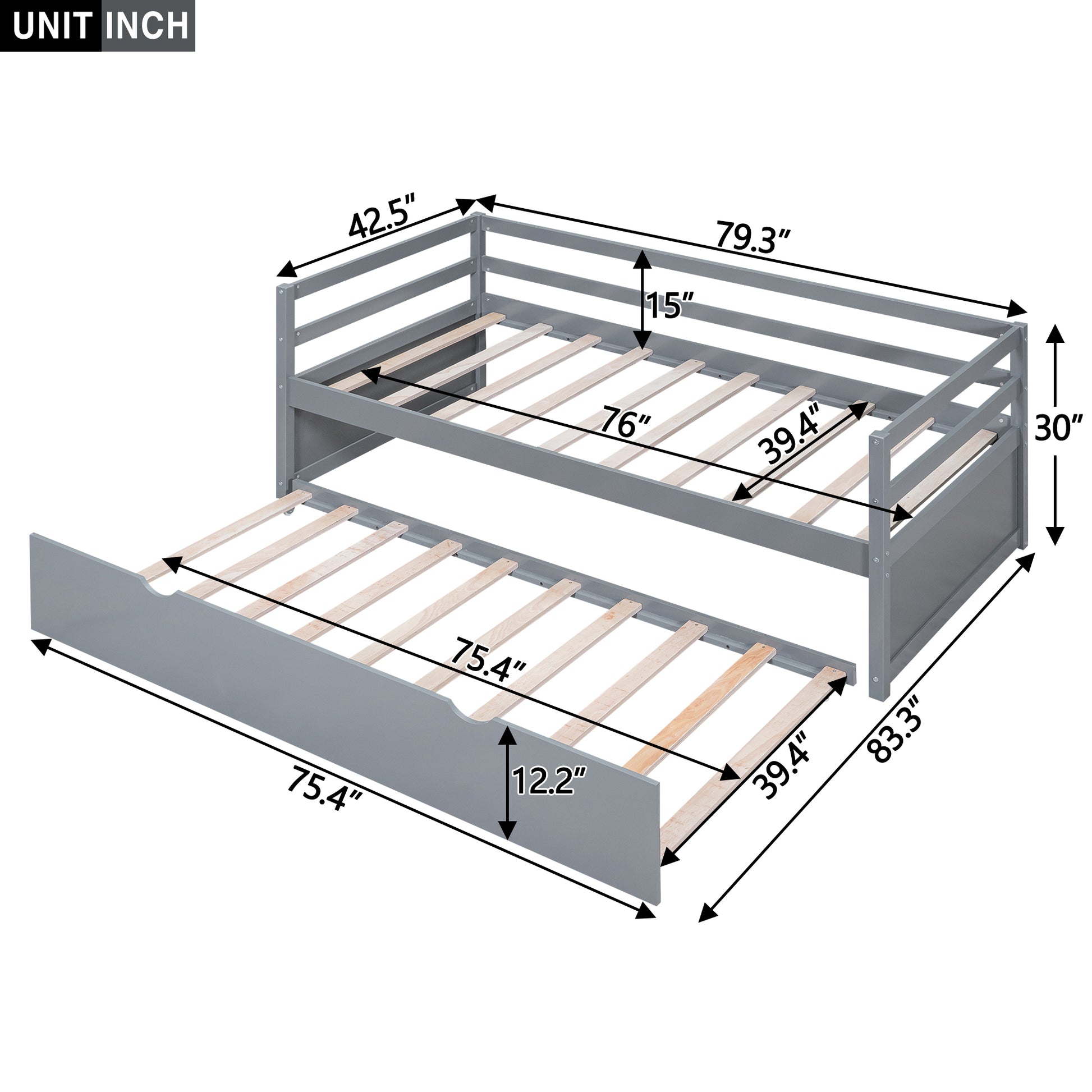 Twin Size Wood Daybed With Twin Size Trundle, Gray Box Spring Not Required Twin Gray Wood Solid Wood Mdf