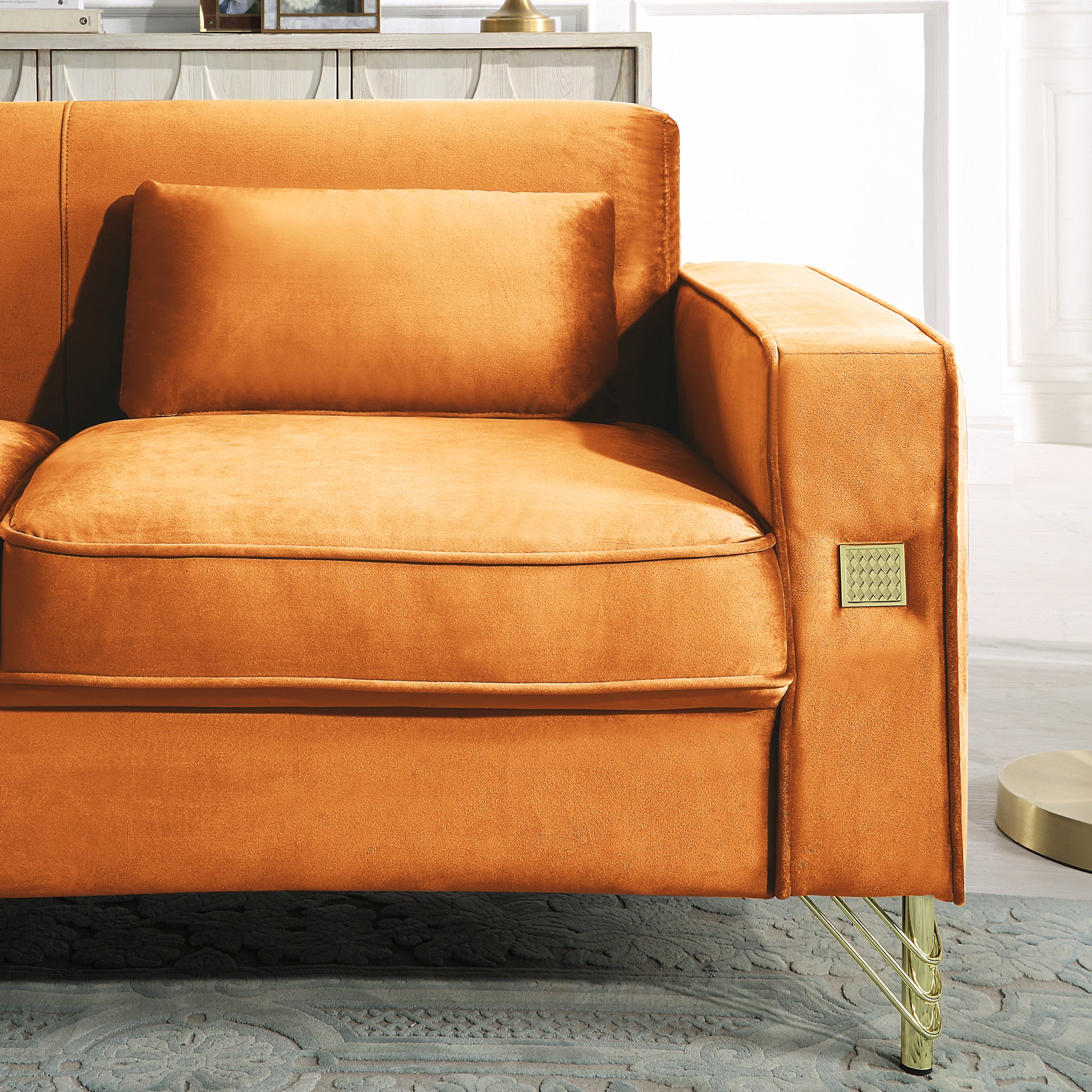 Velvet Sofa With Pillows And Gold Finish Metal Leg For Living Room Orange Velvet