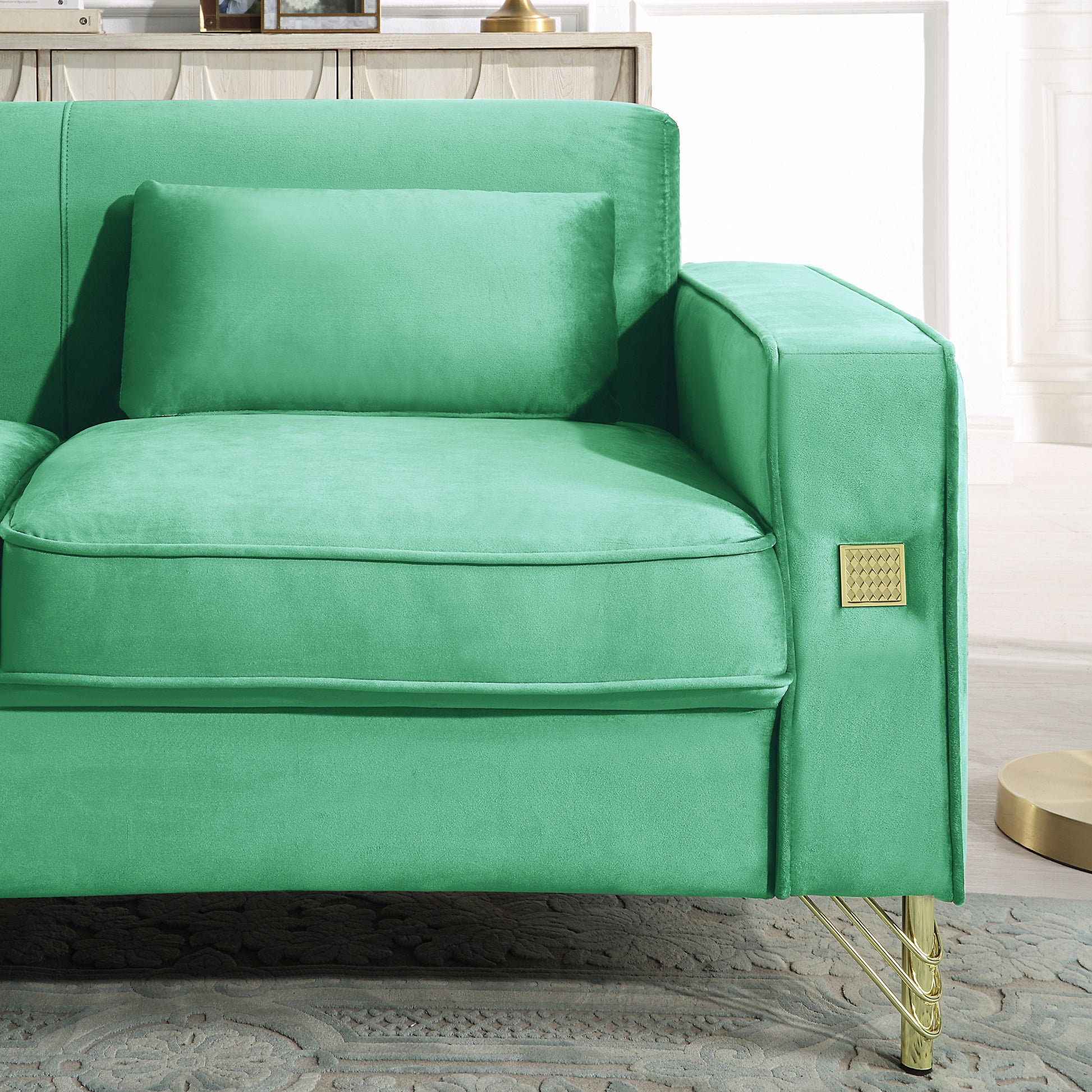 Velvet Sofa With Pillows And Gold Finish Metal Leg For Living Room Green Velvet