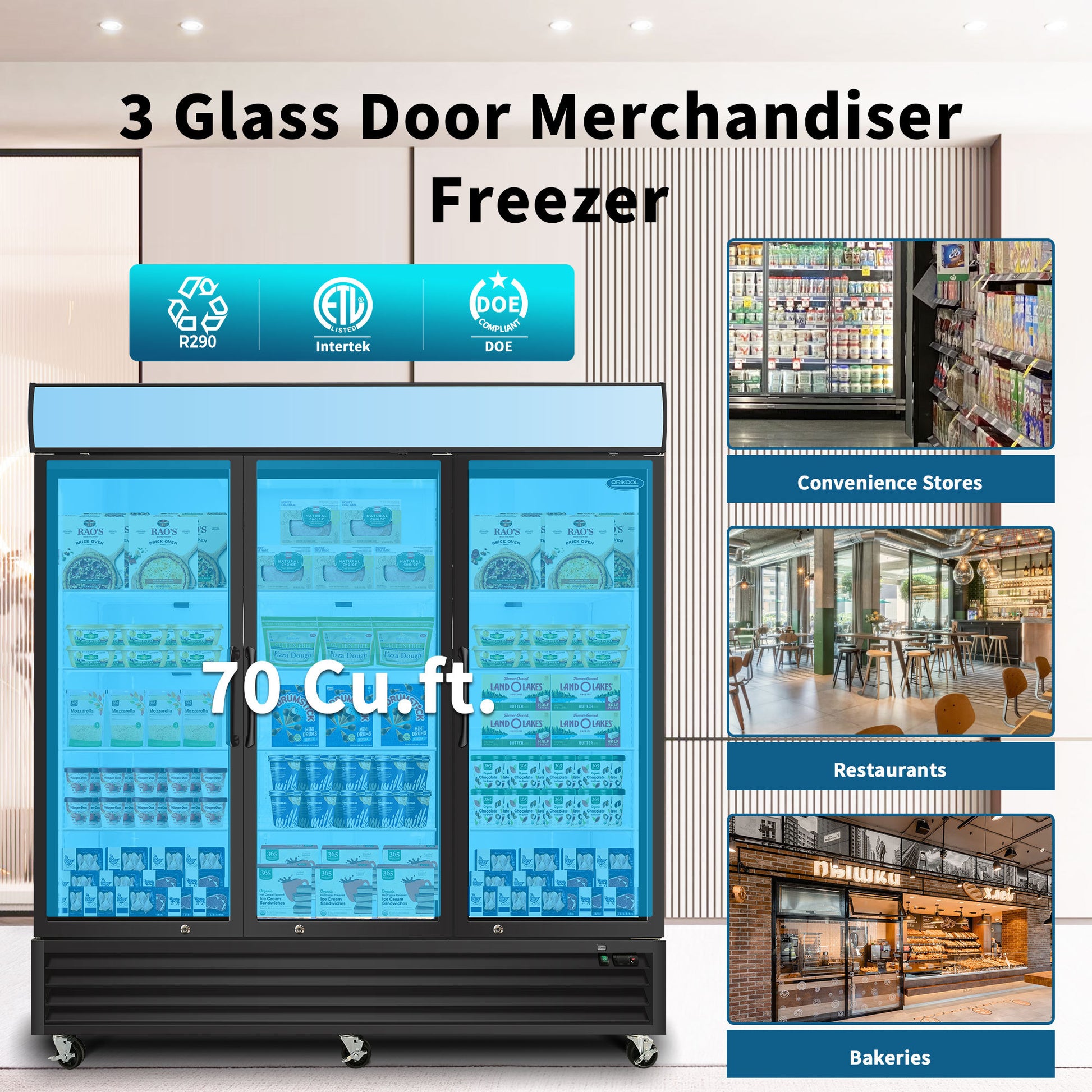 Orikool Glass Door Merchandiser Freezer 70 Cu.Ft Swing Door Commercial Reach In Display Freezers With Led Top Panel Upright Freeze Storage Black Steel