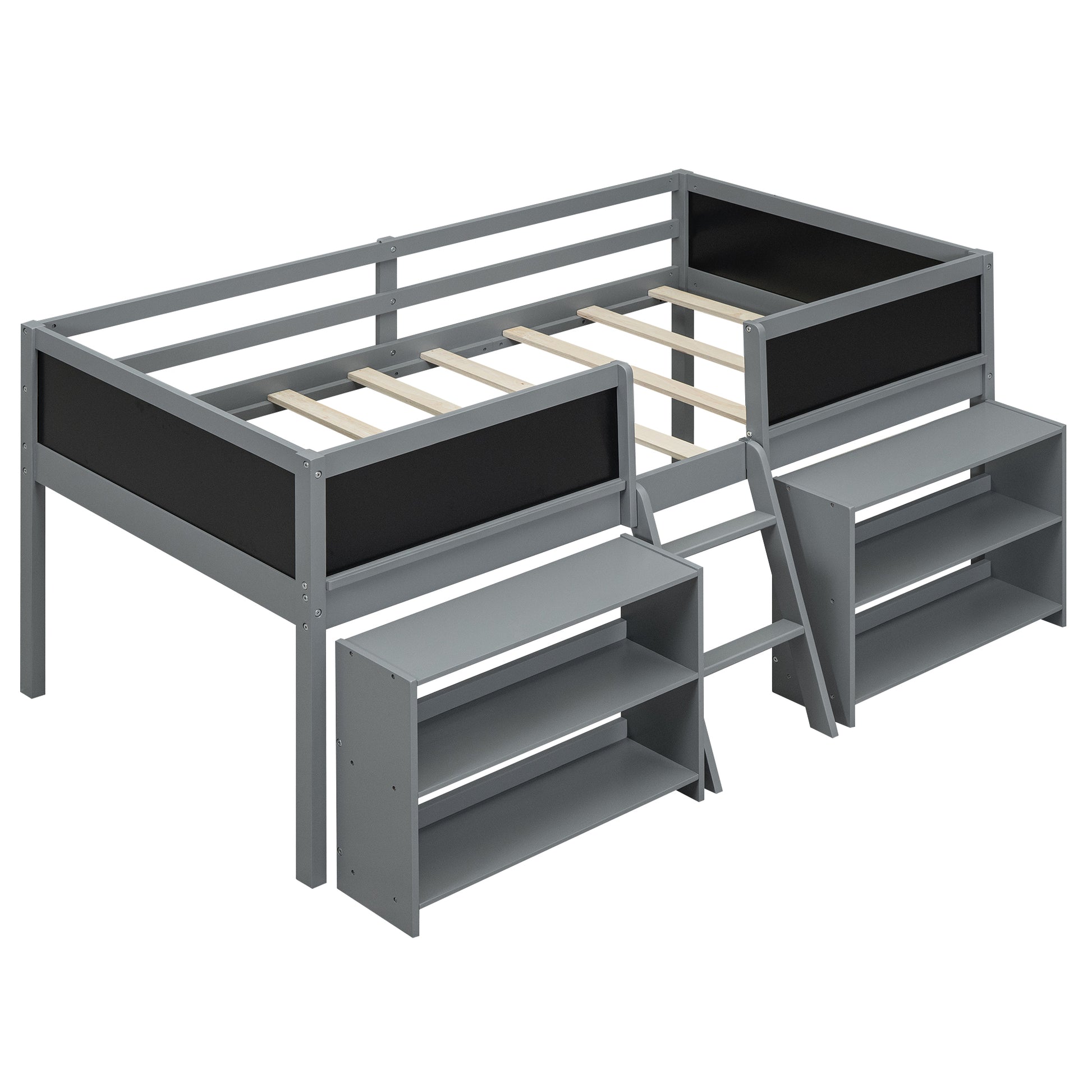 Twin Size Low Loft Bed With Two Movable Shelves And Ladder,With Decorative Guardrail Chalkboard,Gray Old Sku: Wf283286Aae Box Spring Not Required Twin Gray Wood Bedroom Pine