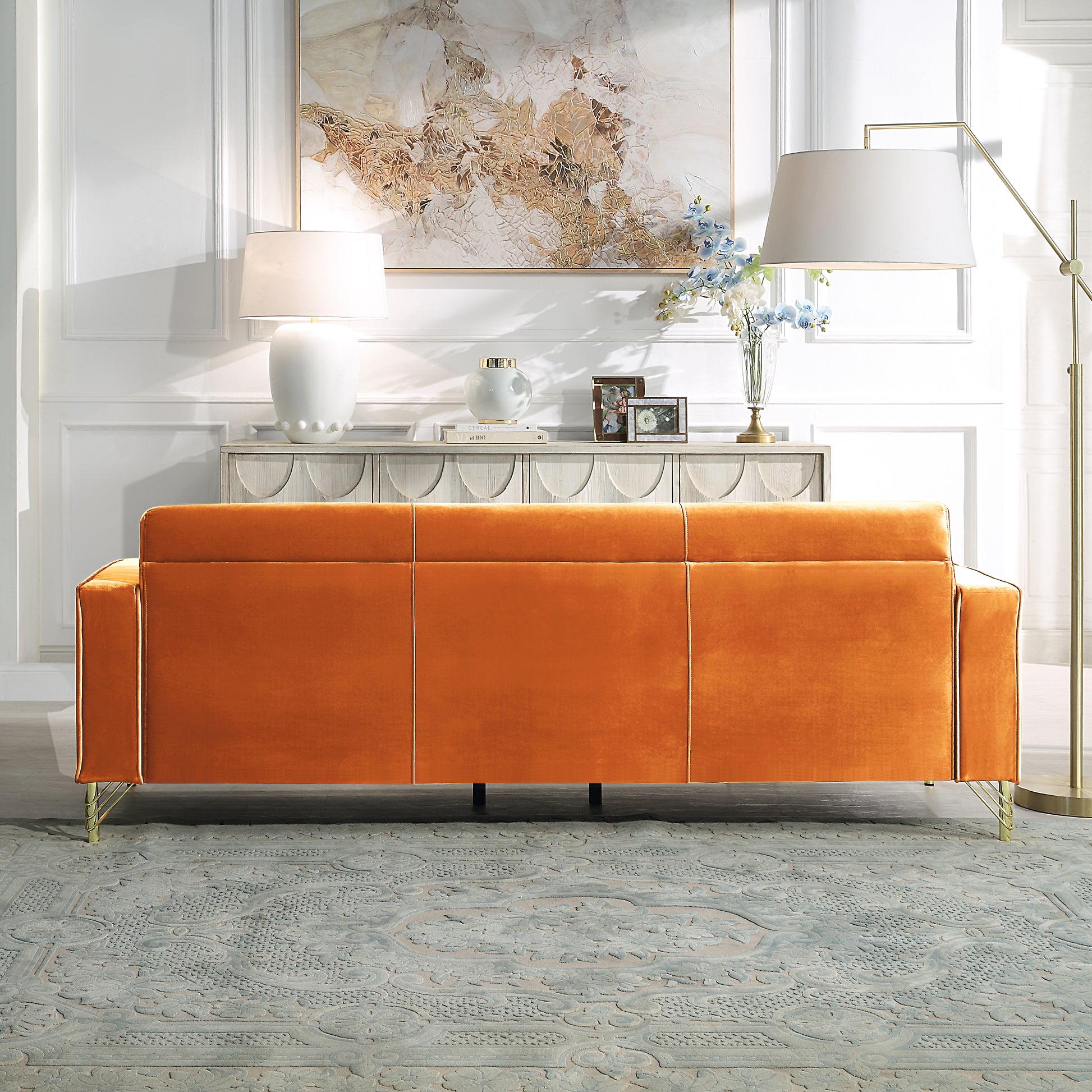 Velvet Sofa With Pillows And Gold Finish Metal Leg For Living Room Orange Velvet