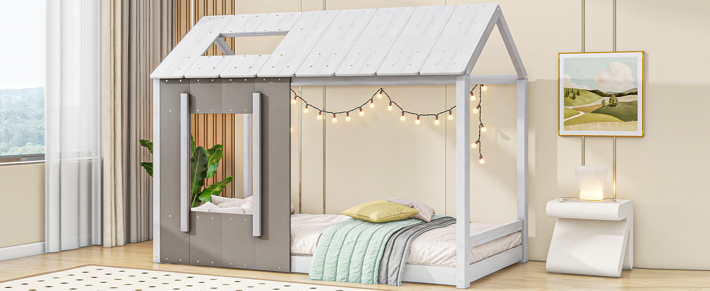 Twin Size House Platform With Roof And Window, White Antique Grey Old Sku: Wf294130Aae Box Spring Not Required Twin Natural White Wood Bedroom Pine