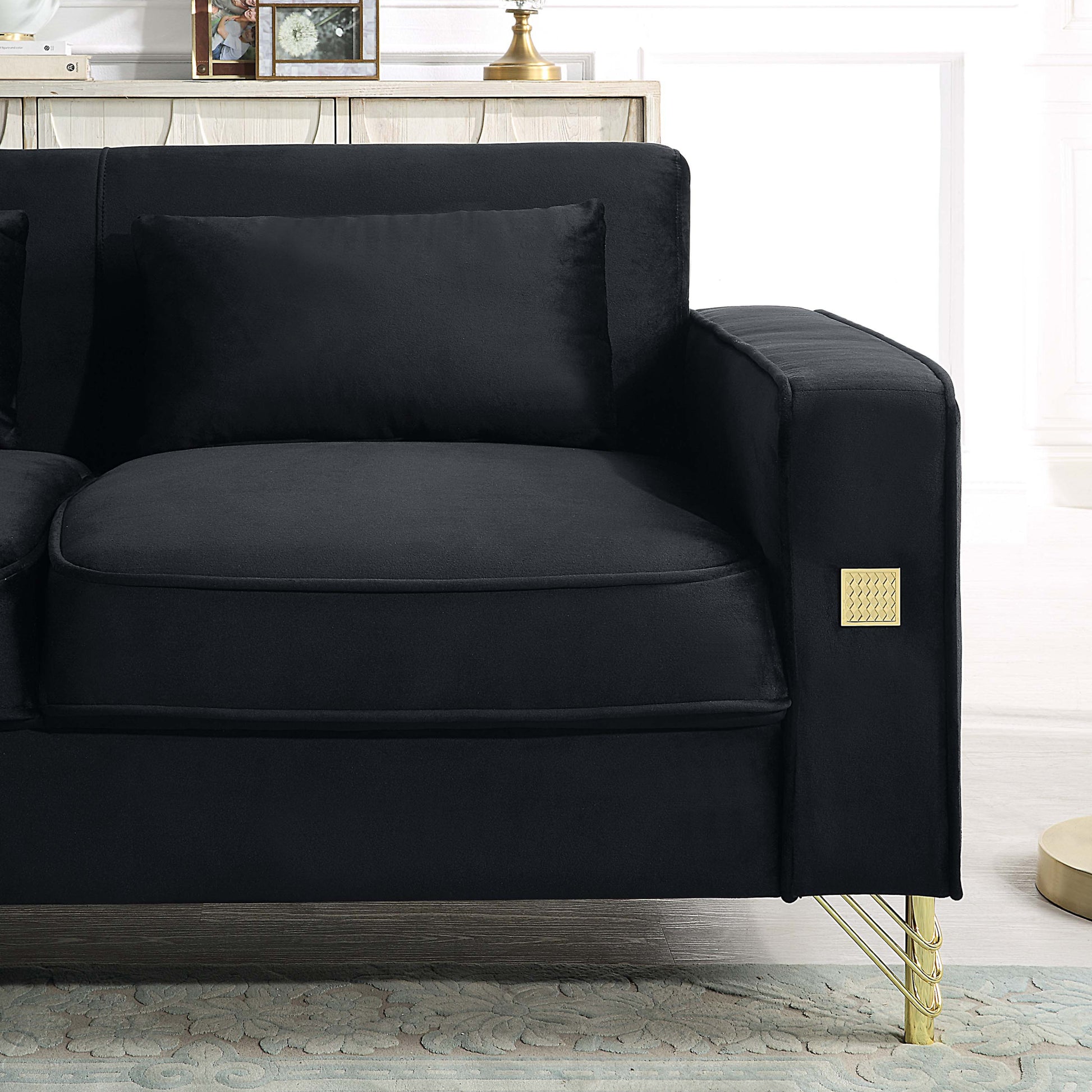 Velvet Sofa With Pillows And Gold Finish Metal Leg For Living Room Black Velvet