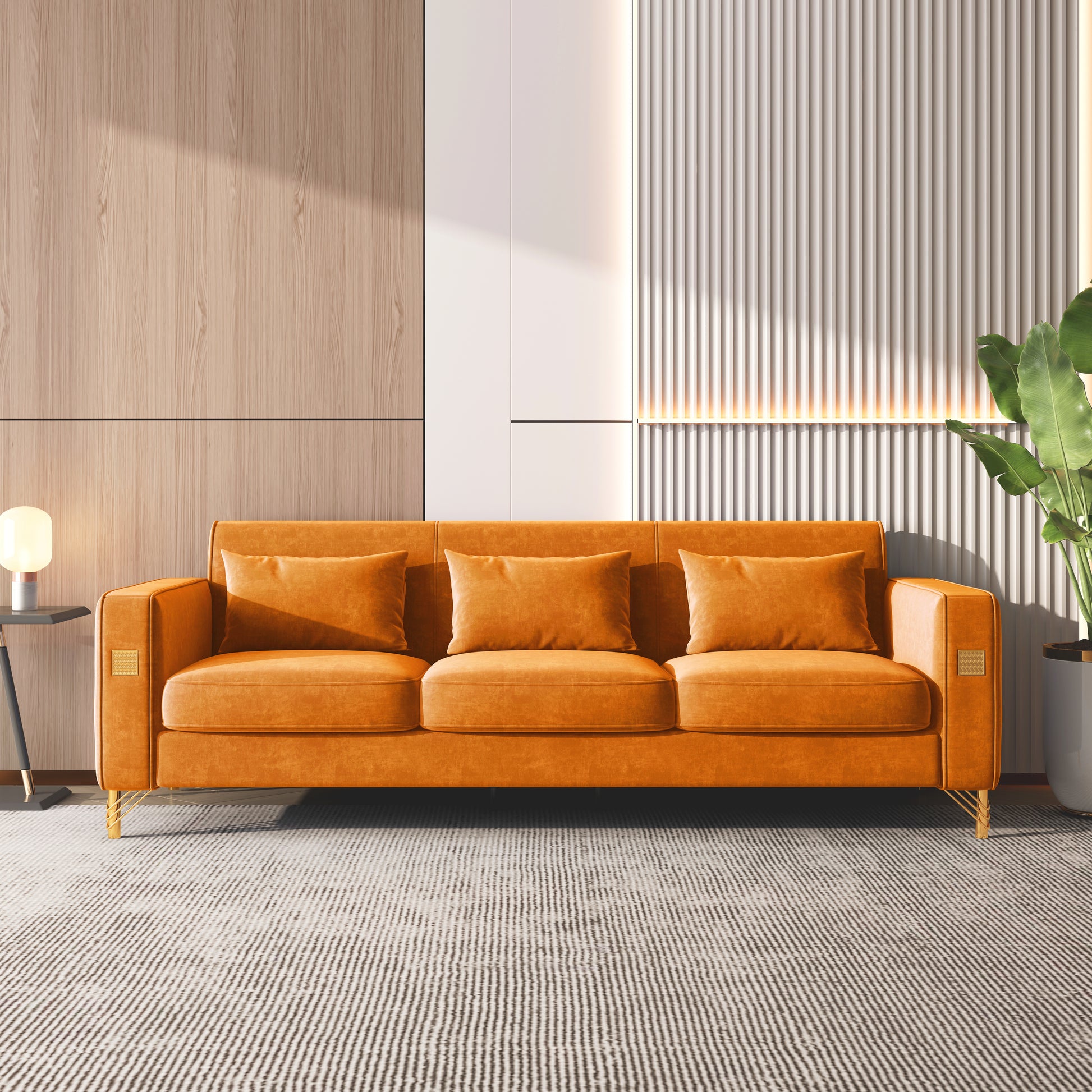 Velvet Sofa With Pillows And Gold Finish Metal Leg For Living Room Orange Velvet