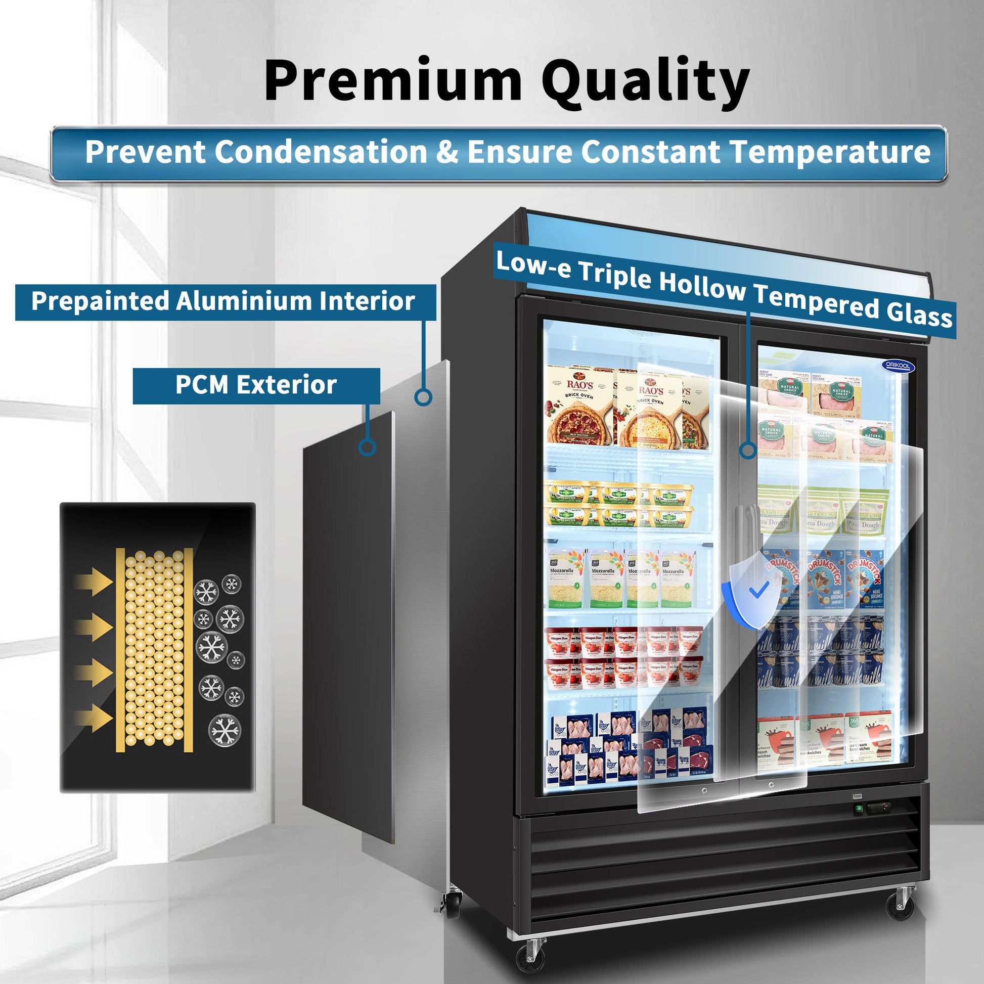 Orikool Glass Door Merchandiser Freezer 44.7 Cu.Ft Swing Door Commercial Reach In Display Freezers With Led Top Panel Upright Freeze Storage Black Steel