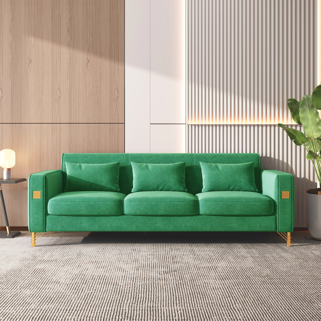 Velvet Sofa With Pillows And Gold Finish Metal Leg For Living Room Green Velvet