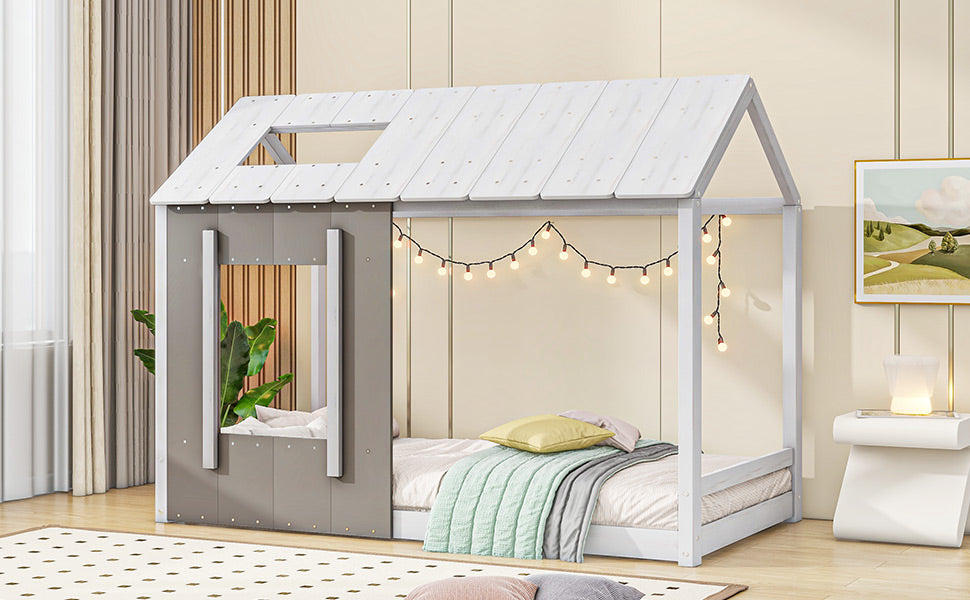 Twin Size House Platform With Roof And Window, White Antique Grey Old Sku: Wf294130Aae Box Spring Not Required Twin Natural White Wood Bedroom Pine