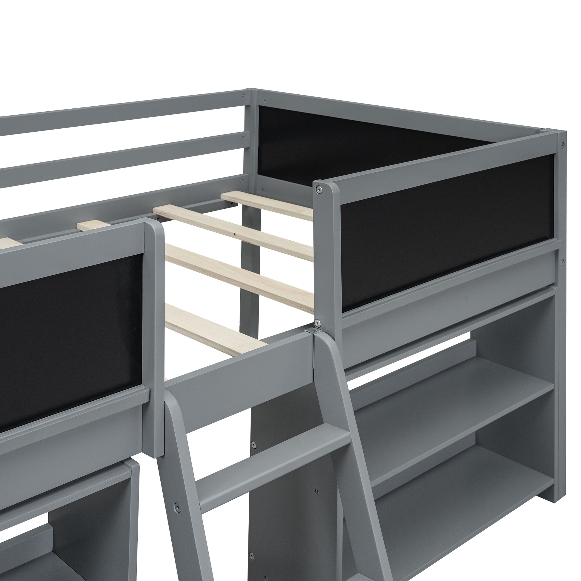 Twin Size Low Loft Bed With Two Movable Shelves And Ladder,With Decorative Guardrail Chalkboard,Gray Old Sku: Wf283286Aae Box Spring Not Required Twin Gray Wood Bedroom Pine