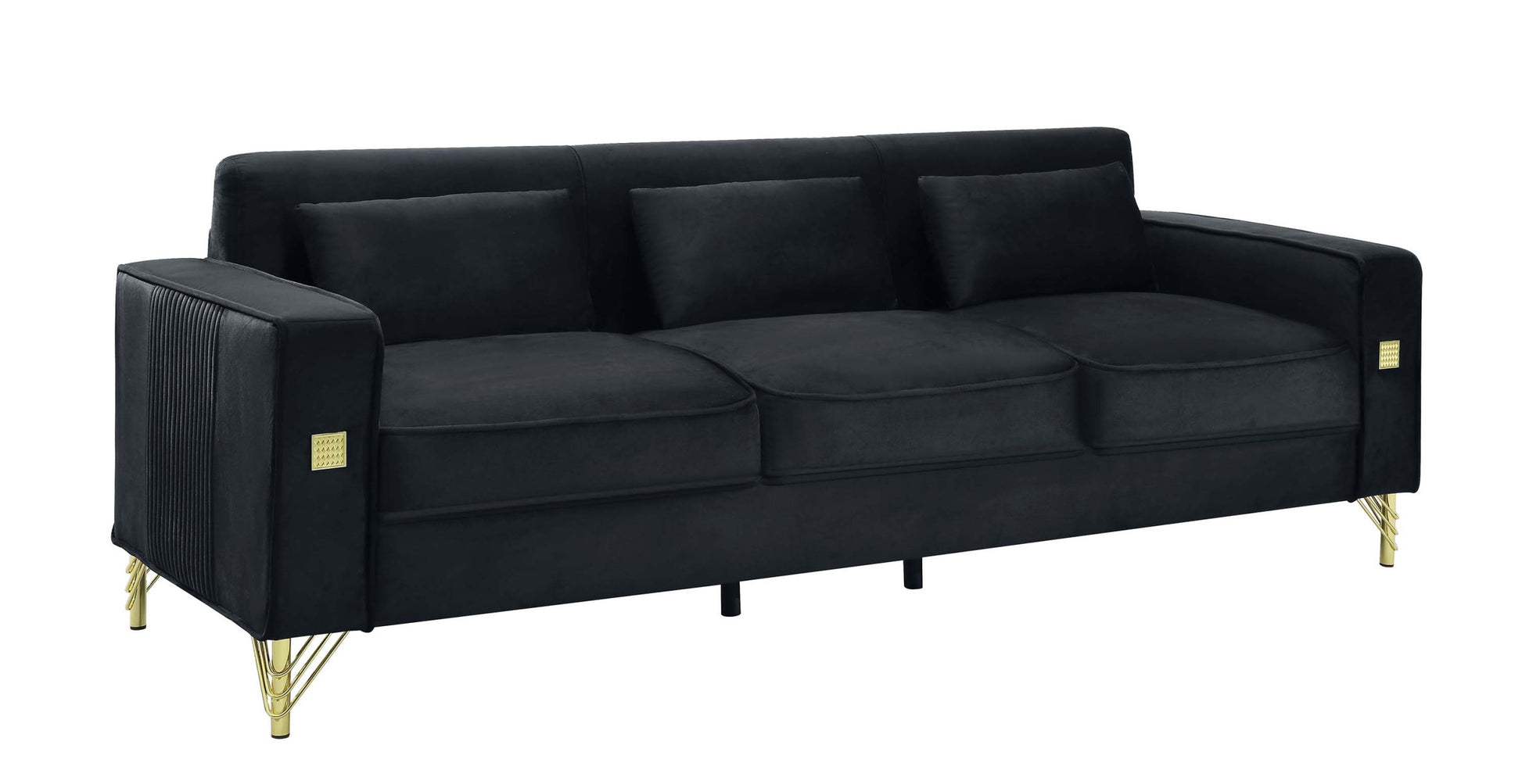 Velvet Sofa With Pillows And Gold Finish Metal Leg For Living Room Black Velvet