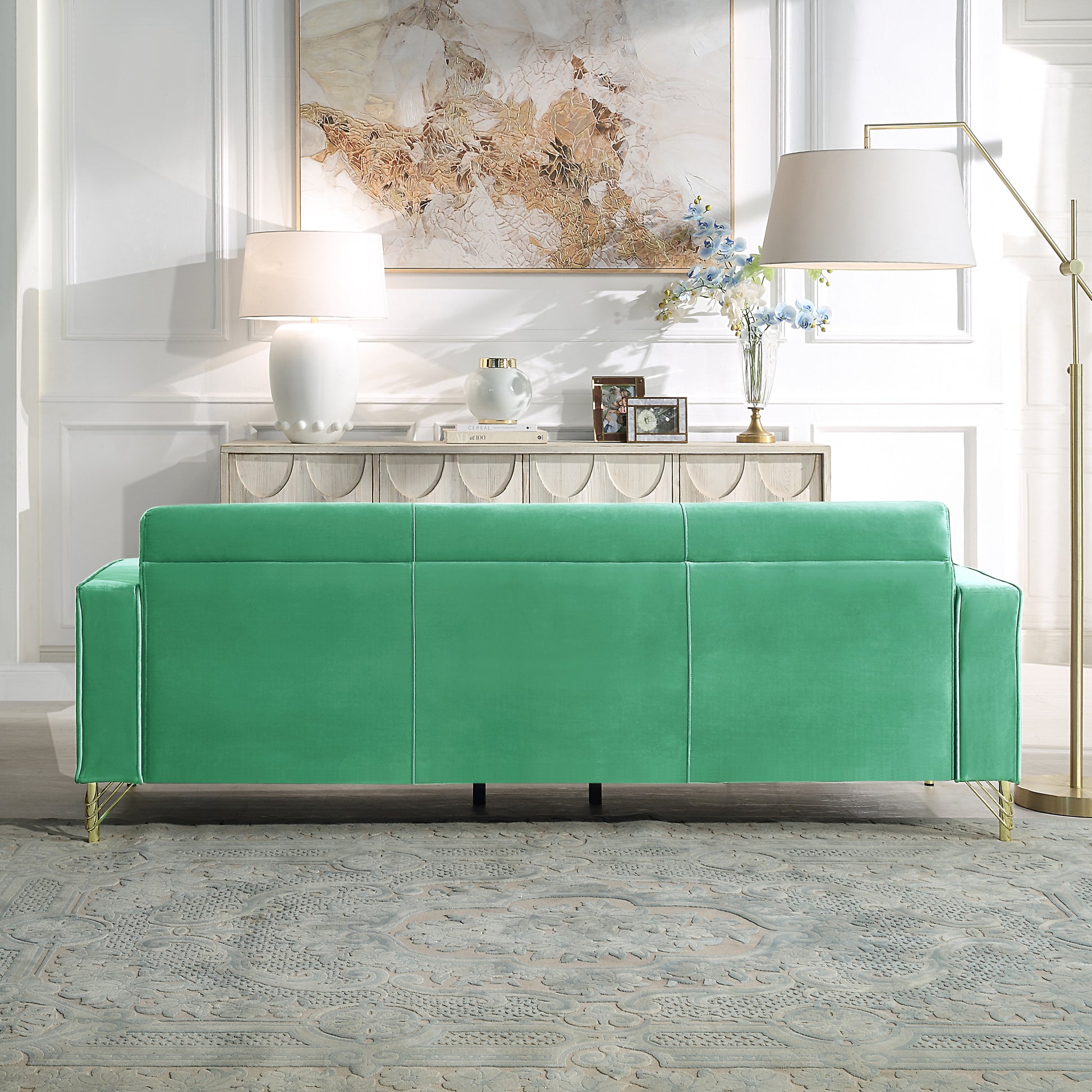 Velvet Sofa With Pillows And Gold Finish Metal Leg For Living Room Green Velvet