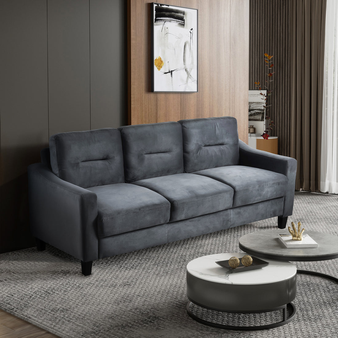 Couch Comfortable Sectional Couches And Sofas For Living Room Bedroom Office Small Space Black Wood Primary Living Space Soft Rubberwood Velvet 3 Seat