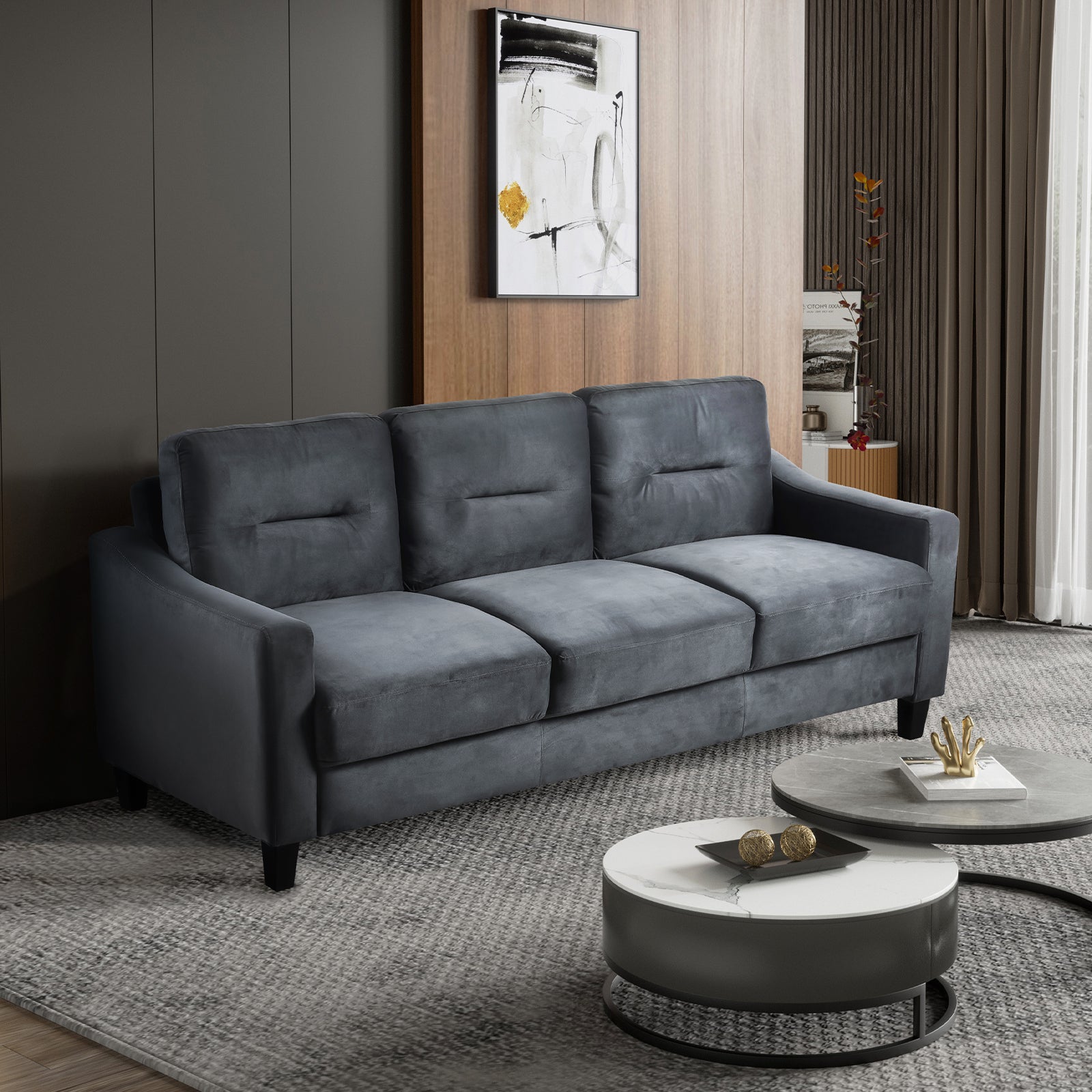 Couch Comfortable Sectional Couches And Sofas For Living Room Bedroom Office Small Space Black Wood Primary Living Space Soft Rubberwood Velvet 3 Seat
