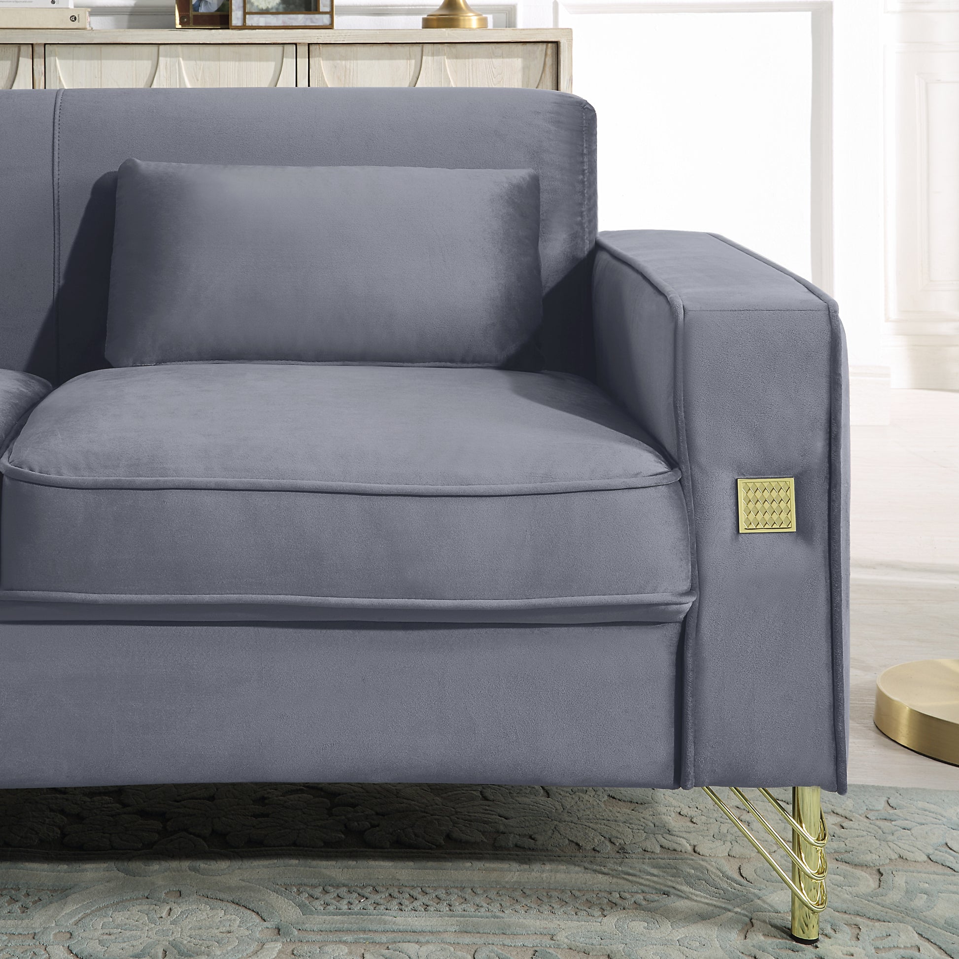 Velvet Sofa With Pillows And Gold Finish Metal Leg For Living Room Grey Velvet