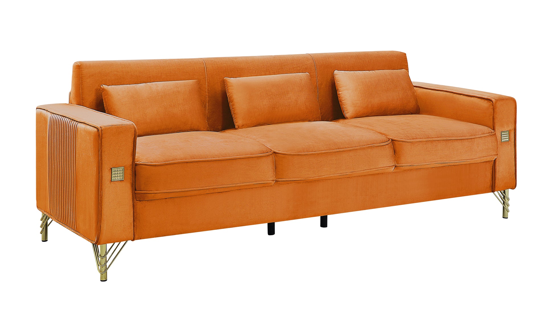 Velvet Sofa With Pillows And Gold Finish Metal Leg For Living Room Orange Velvet