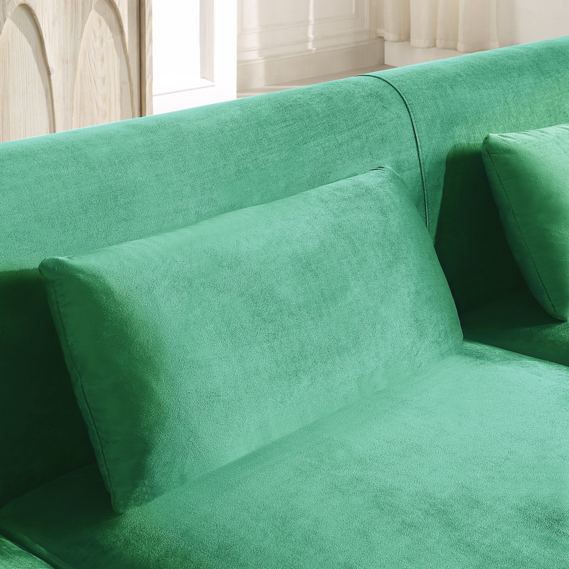 Velvet Sofa With Pillows And Gold Finish Metal Leg For Living Room Green Velvet