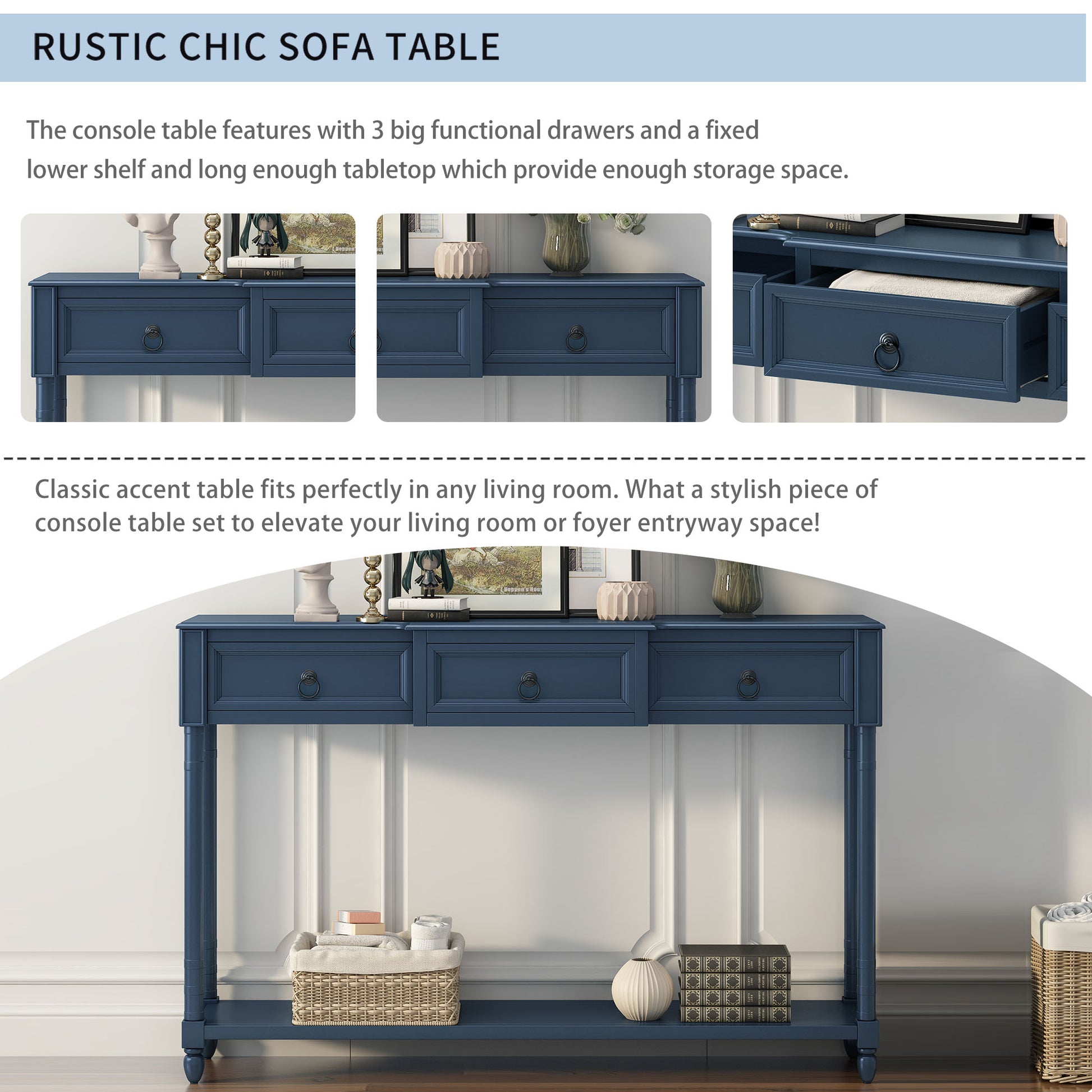 Console Table Sofa Table With Drawers For Entryway With Projecting Drawers And Long Shelf Antique Navy, Old Sku: Wf189574Aam Antique Navy Solid Wood Mdf