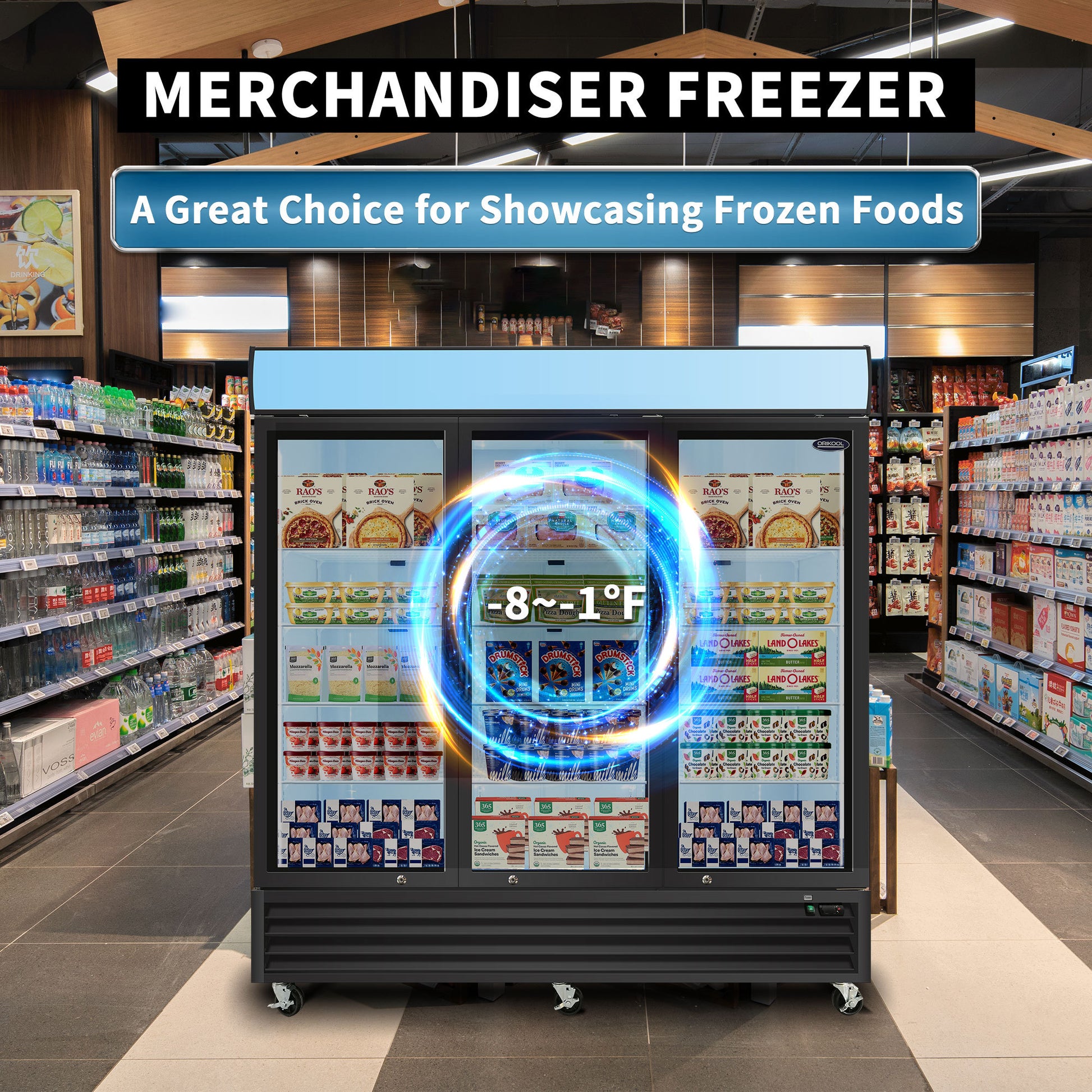 Orikool Glass Door Merchandiser Freezer 70 Cu.Ft Swing Door Commercial Reach In Display Freezers With Led Top Panel Upright Freeze Storage Black Steel