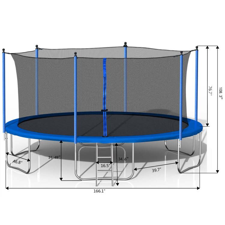 14Ft Trampoline With Safety Enclosure Net,Heavy Duty Jumping Mat And Spring Cover Padding For Kids And Adults, Ladder Blue Foam Iron Plastic