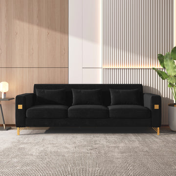 Velvet Sofa With Pillows And Gold Finish Metal Leg For Living Room Black Velvet