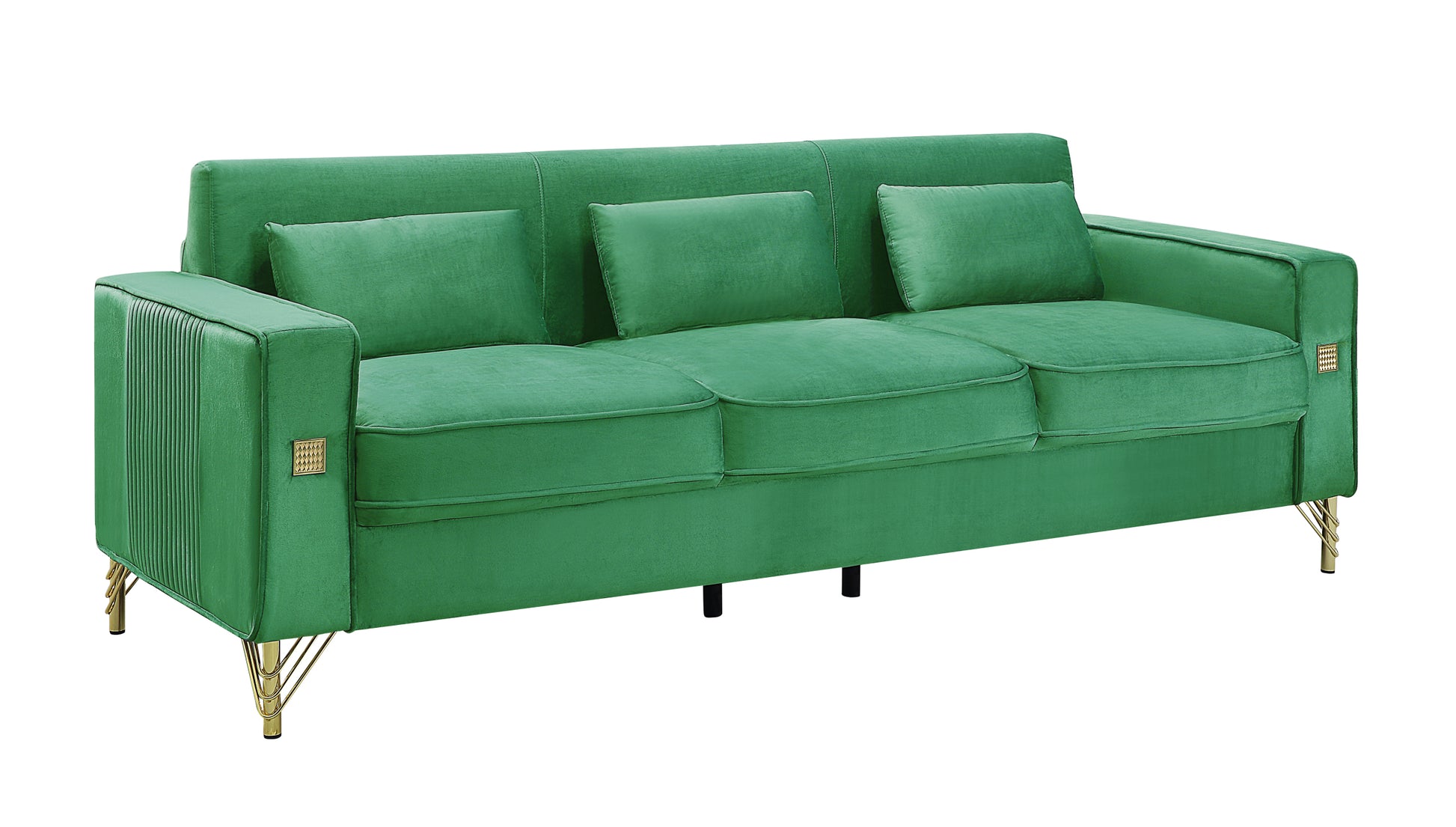 Velvet Sofa With Pillows And Gold Finish Metal Leg For Living Room Green Velvet