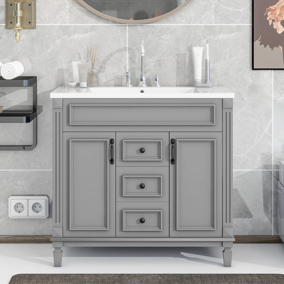 36'' Bathroom Vanity With Top Sink, Modern Bathroom Storage Cabinet With 2 Soft Closing Doors And 2 Drawers, Single Sink Bathroom Vanity Grey Bathroom Mdf