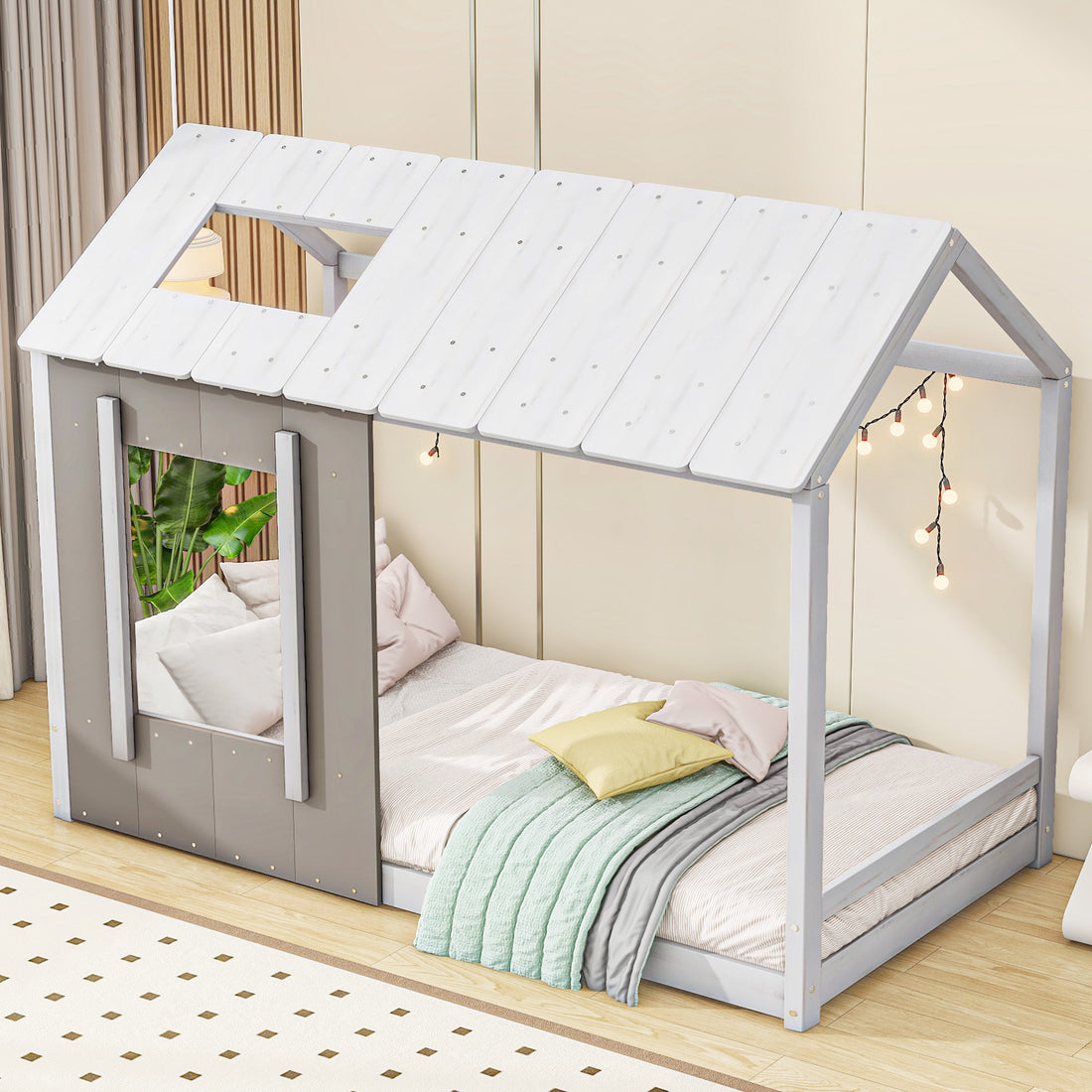 Twin Size House Platform With Roof And Window, White Antique Grey Old Sku: Wf294130Aae Box Spring Not Required Twin Natural White Wood Bedroom Pine