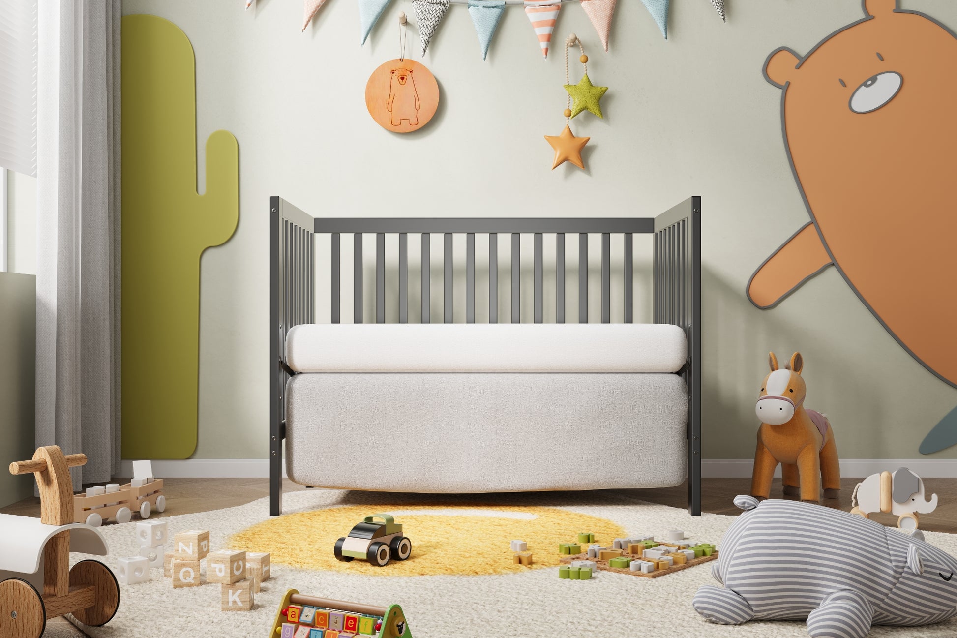 5 In 1 Convertible Crib, Converts From Baby Crib To Toddler Bed, Fits Standard Full Size Crib Mattress ,Easy To Assemble 53*29*9 Inches Storm Grey Steel Gray Classic Pine Wood