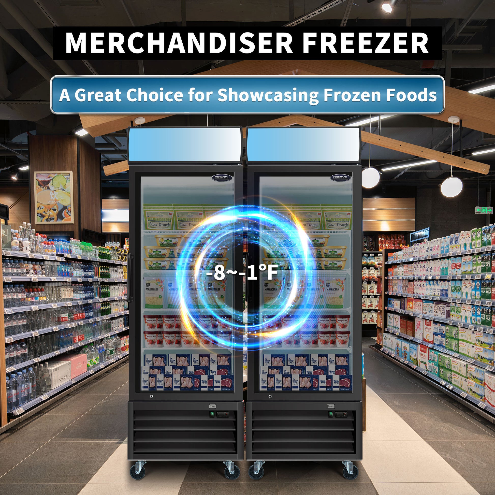 Orikool Glass Door Merchandiser Freezer 19.3 Cu.Ft Swing Door Commercial Reach In Display Freezers With Led Top Panel Upright Freeze Storage Black Steel