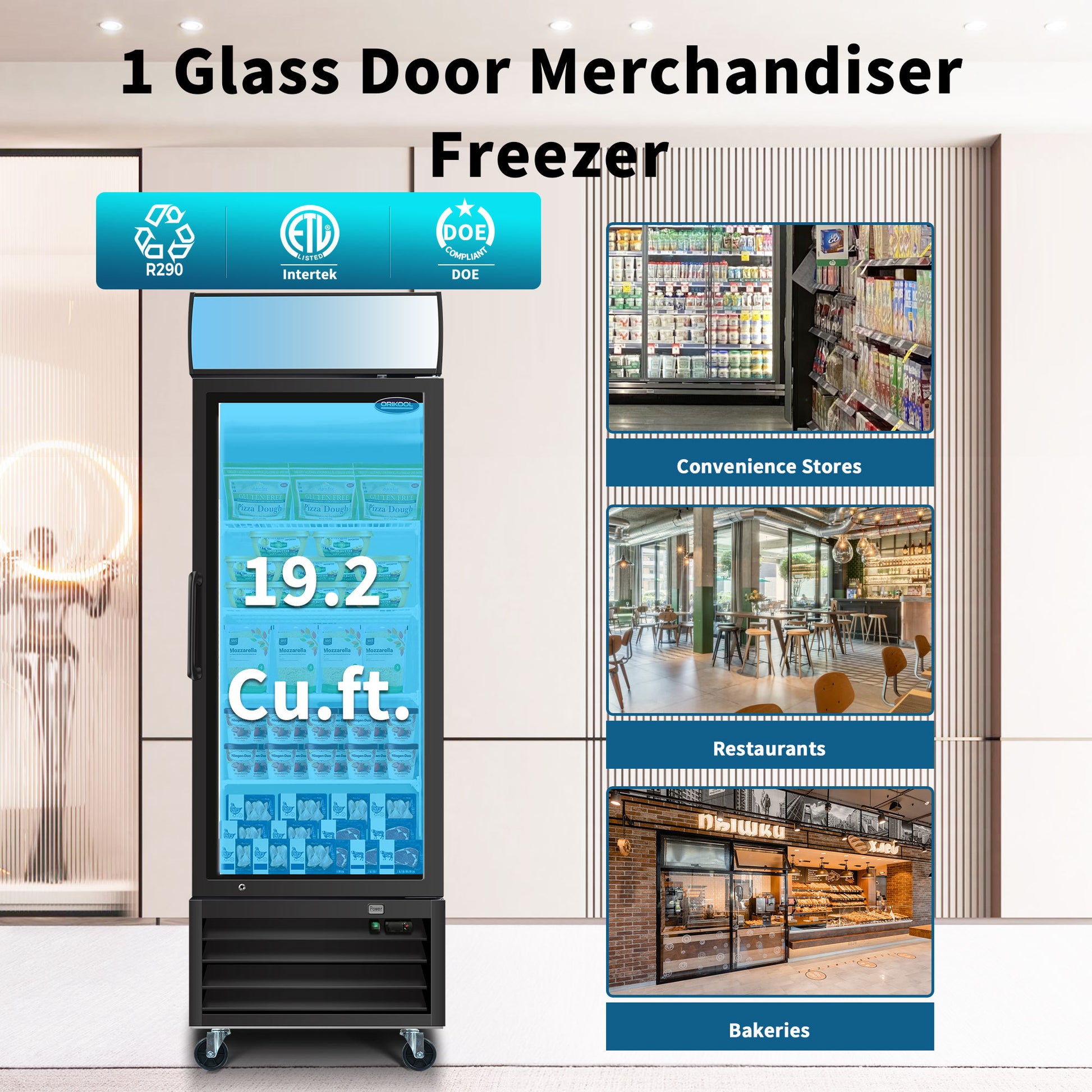 Orikool Glass Door Merchandiser Freezer 19.3 Cu.Ft Swing Door Commercial Reach In Display Freezers With Led Top Panel Upright Freeze Storage Black Steel