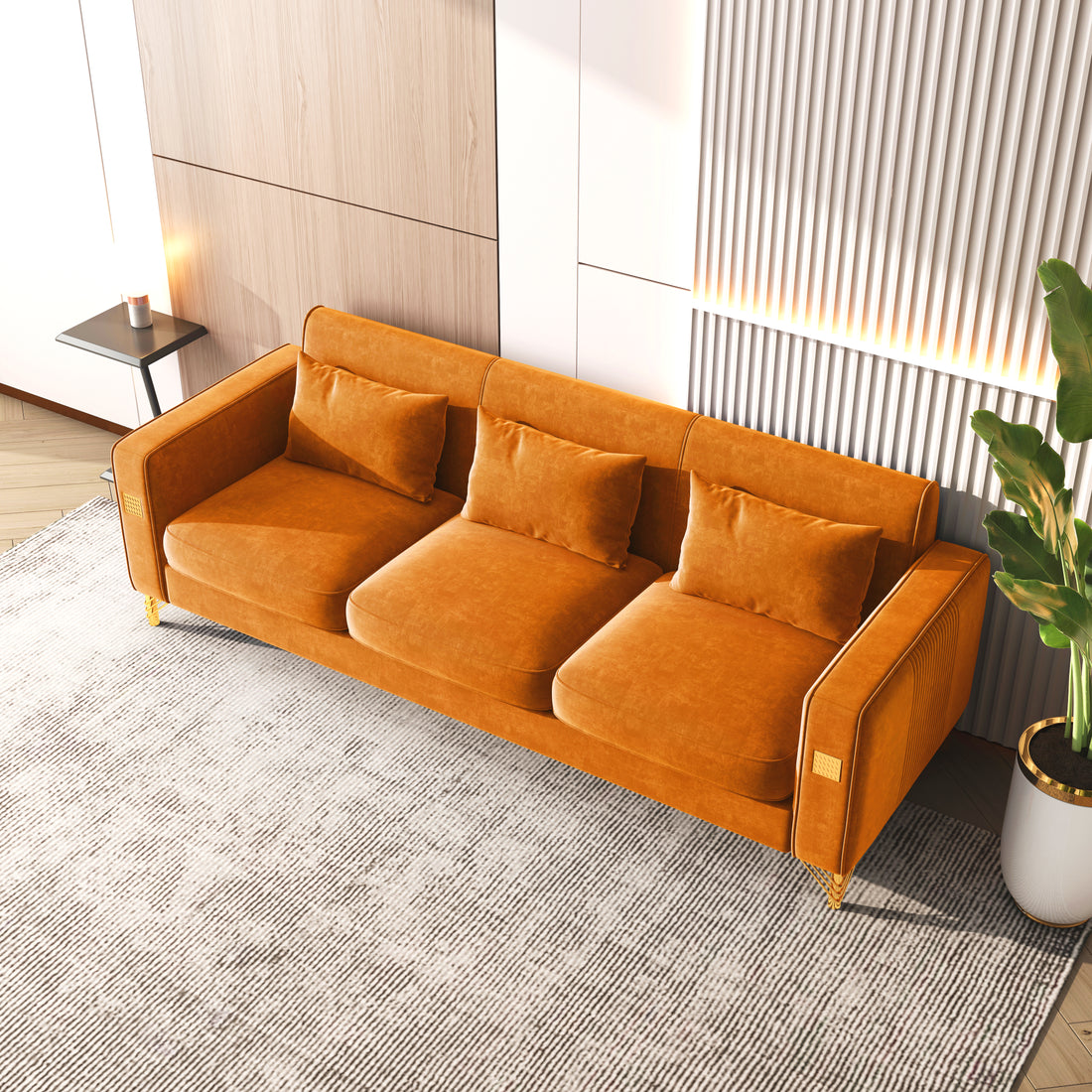 Velvet Sofa With Pillows And Gold Finish Metal Leg For Living Room Orange Velvet