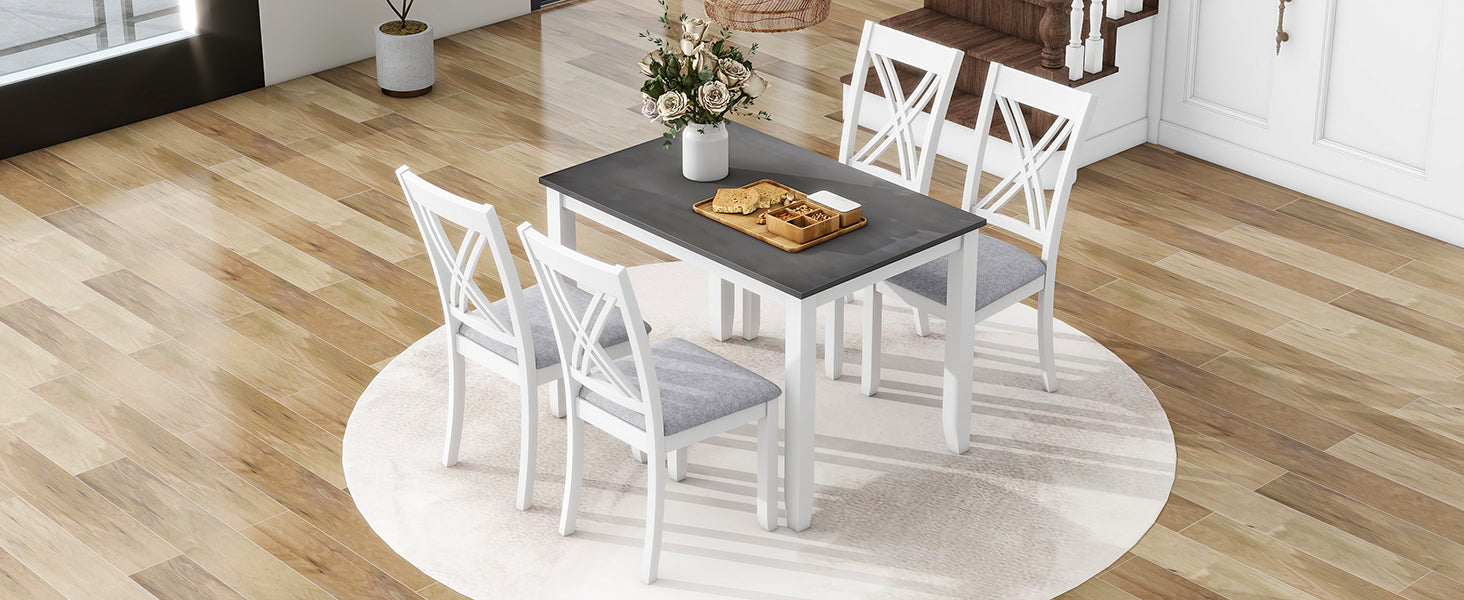 Rustic Minimalist Wood 5 Piece Dining Table Set With 4 X Back Chairs For Small Places, Gray Gray Wood Dining Room Solid Wood Rubberwood Rectangular Dining Table With Chair Upholstered Chair Wood Grey Slat Back Seats 4 Rustic 4 Leg Foam Solid Wood