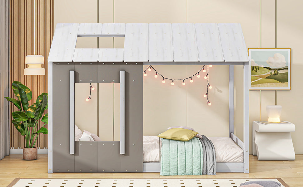 Twin Size House Platform With Roof And Window, White Antique Grey Old Sku: Wf294130Aae Box Spring Not Required Twin Natural White Wood Bedroom Pine