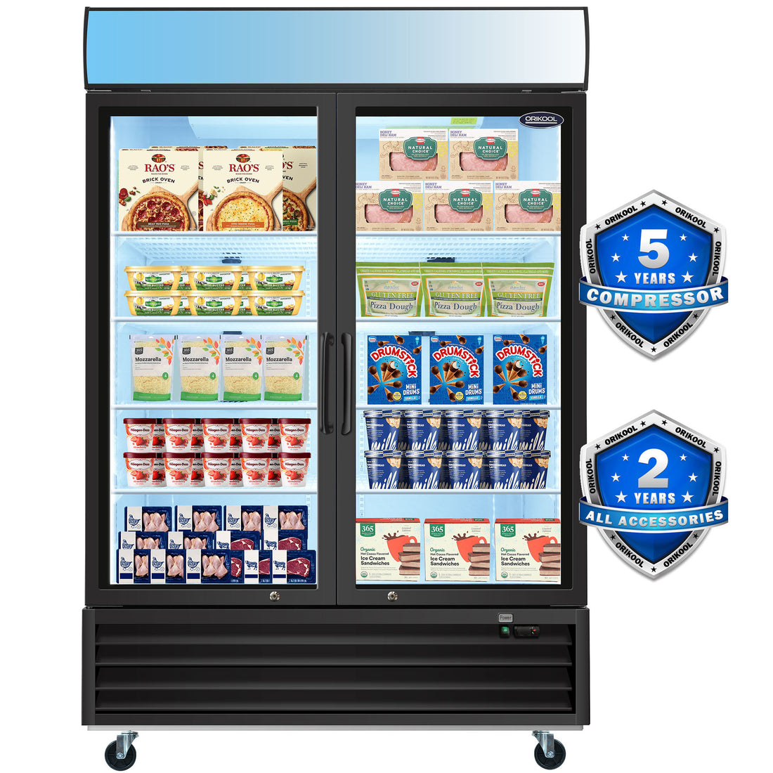 Orikool Glass Door Merchandiser Freezer 44.7 Cu.Ft Swing Door Commercial Reach In Display Freezers With Led Top Panel Upright Freeze Storage Black Steel