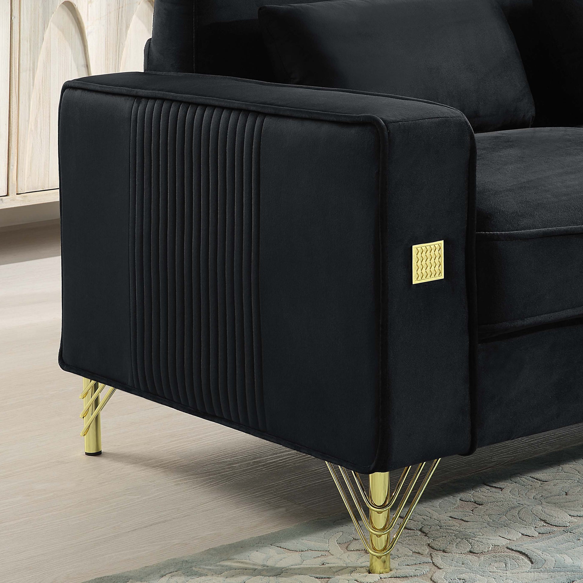 Velvet Sofa With Pillows And Gold Finish Metal Leg For Living Room Black Velvet