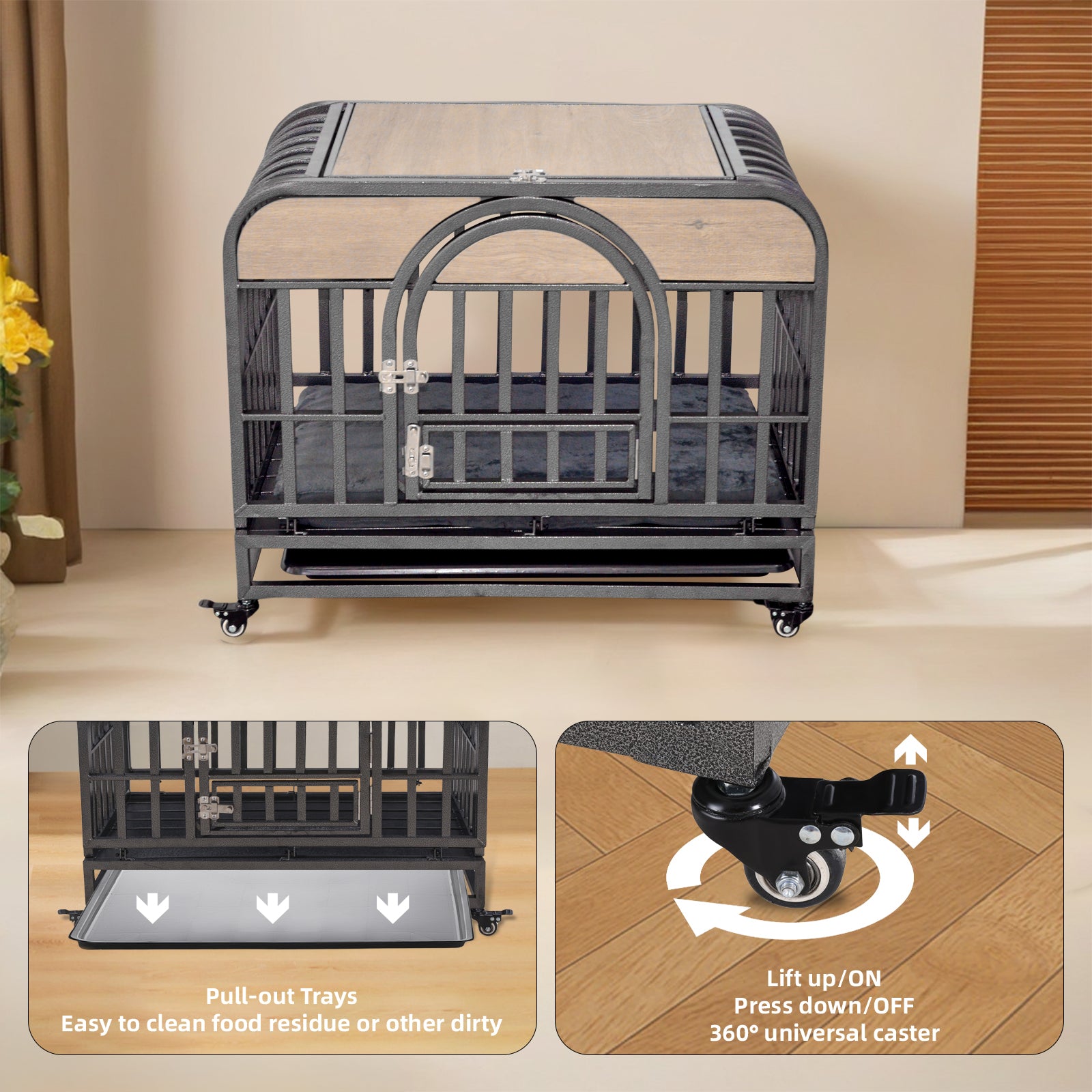 37In Heavy Duty Dog Crate, Furniture Style Dog Crate With Removable Trays And Wheels For High Anxiety Dogs Grey Abs Abs