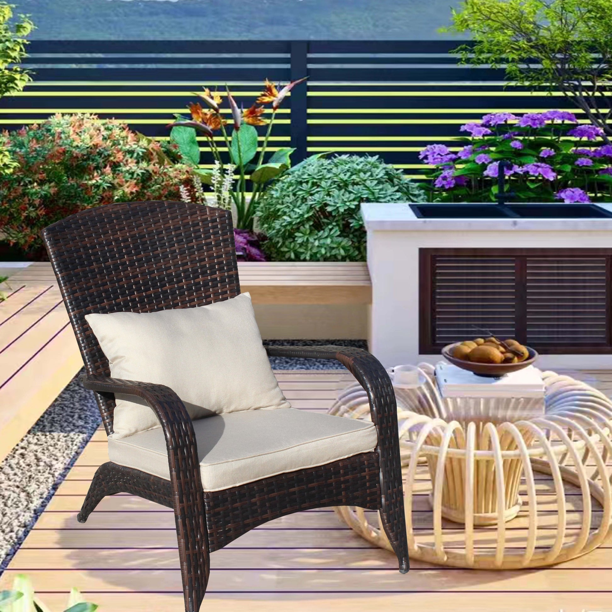 Patio Chair With Cushions Beige Cushion Brown Pe Rattan Iron Waterproof Fabric