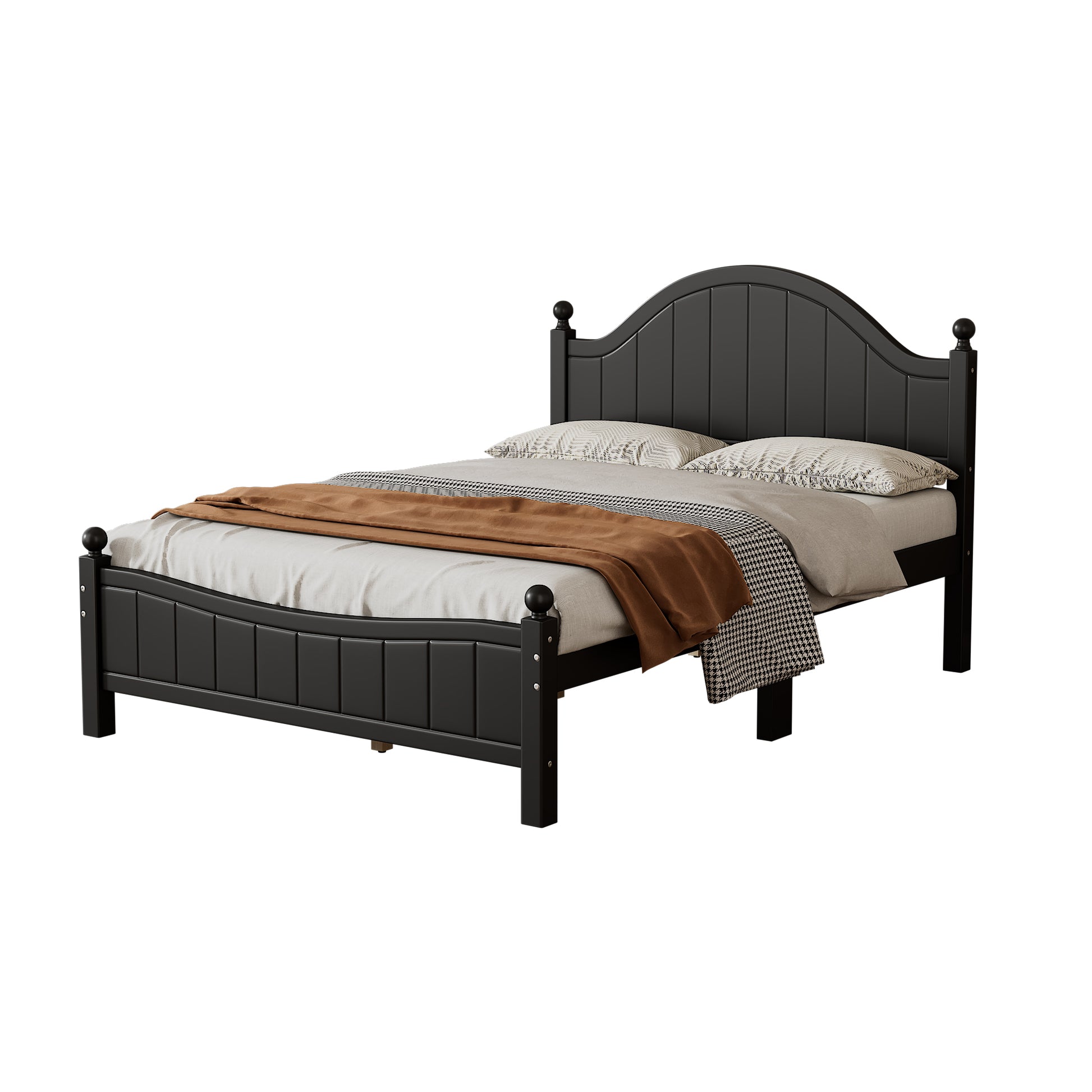 Traditional Concise Style Black Solid Wood Platform Bed, No Need Box Spring, Full Black Wood