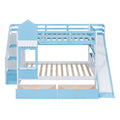 Full Over Full Castle Style Bunk Bed With 2 Drawers 3 Shelves And Slide Blue Blue Solid Wood