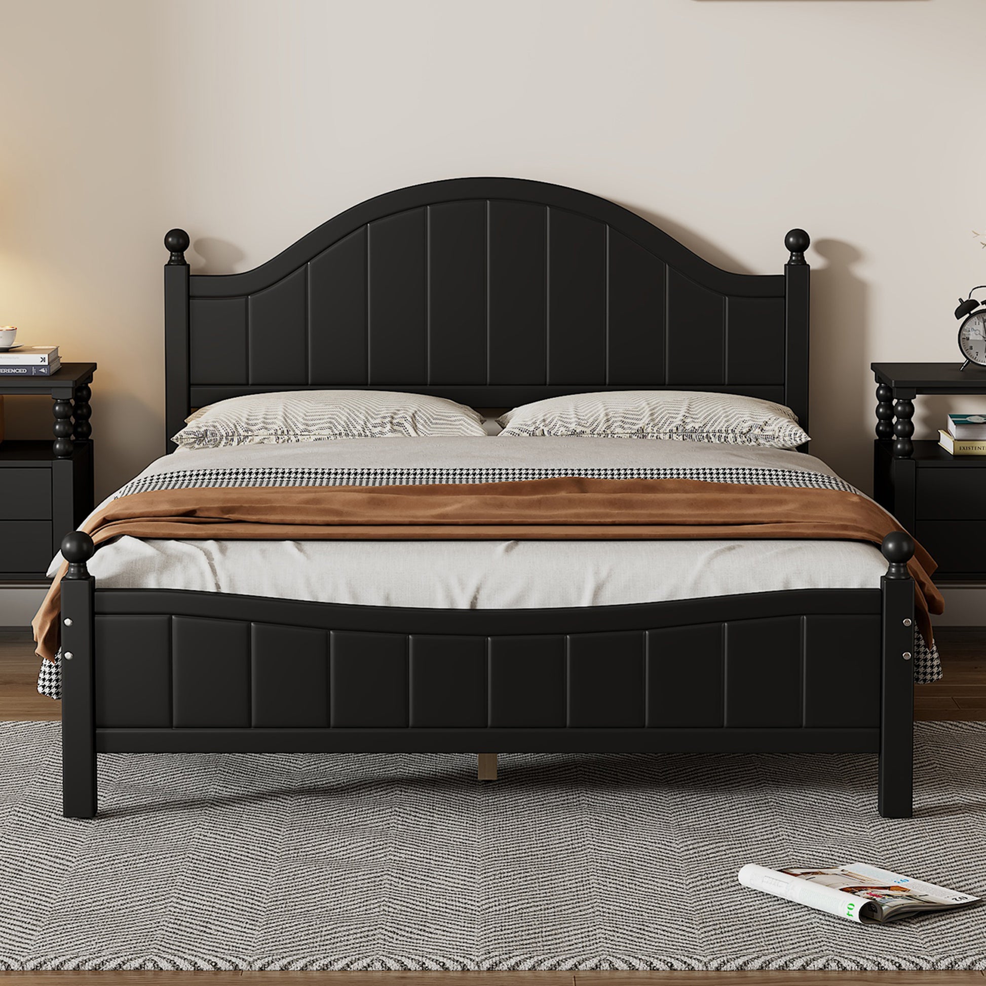 Traditional Concise Style Black Solid Wood Platform Bed, No Need Box Spring, Full Black Wood