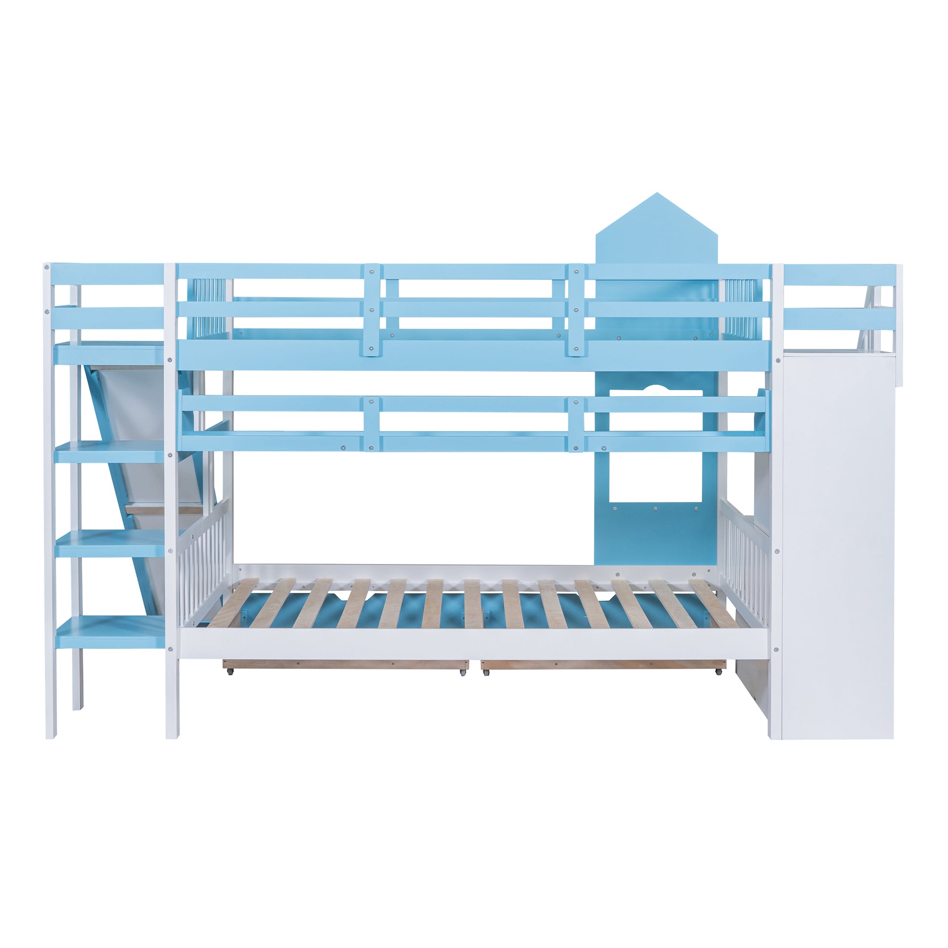 Full Over Full Castle Style Bunk Bed With 2 Drawers 3 Shelves And Slide Blue Blue Solid Wood