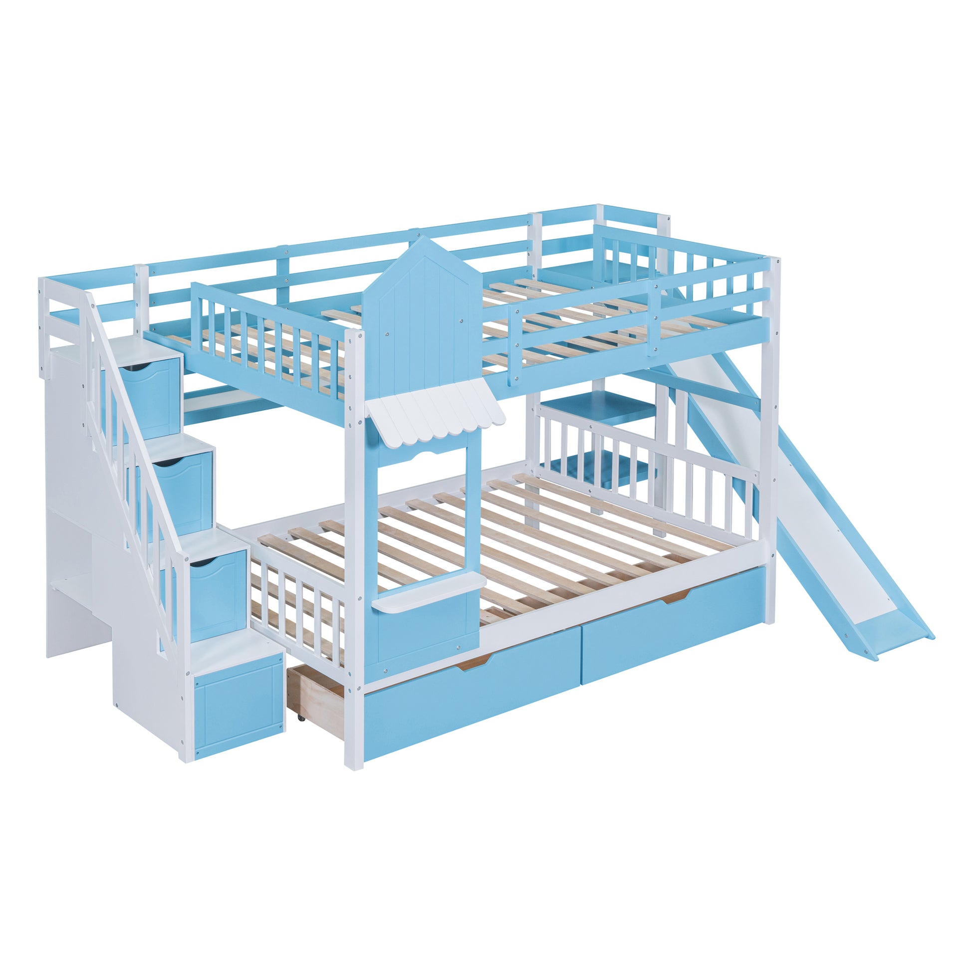 Full Over Full Castle Style Bunk Bed With 2 Drawers 3 Shelves And Slide Blue Blue Solid Wood