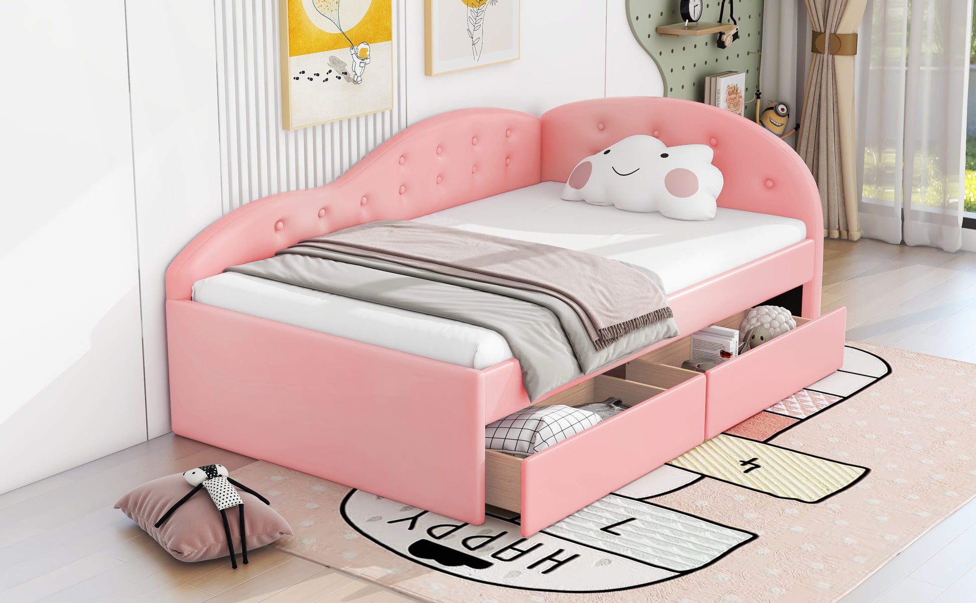 Twin Size Pu Upholstered Tufted Daybed With Two Drawers And Cloud Shaped Guardrail, Pink Box Spring Not Required Twin Pink Wood Daybeds Faux Leather Upholstered