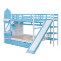 Full Over Full Castle Style Bunk Bed With 2 Drawers 3 Shelves And Slide Blue Blue Solid Wood